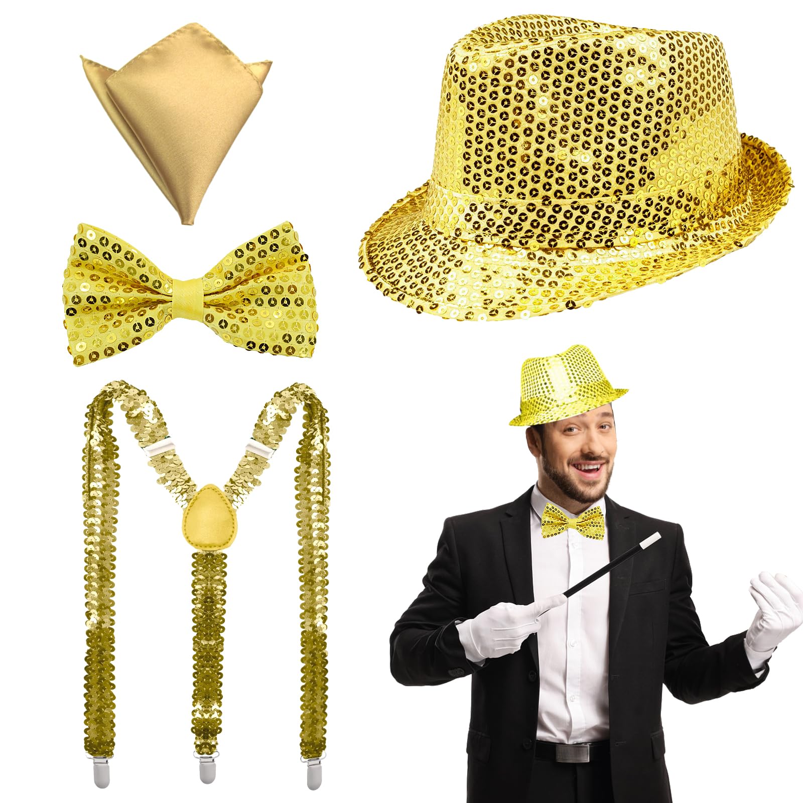 NebulaGlam Accesorios Brillantes para Hombre, Tirantes de Lentejuelas, Sombrero, Pajarita, Pañuelo de Bolsillo, Disfraz de Purpurina para Hombre para Accesorios de Disfraz de Fiesta y Carnaval