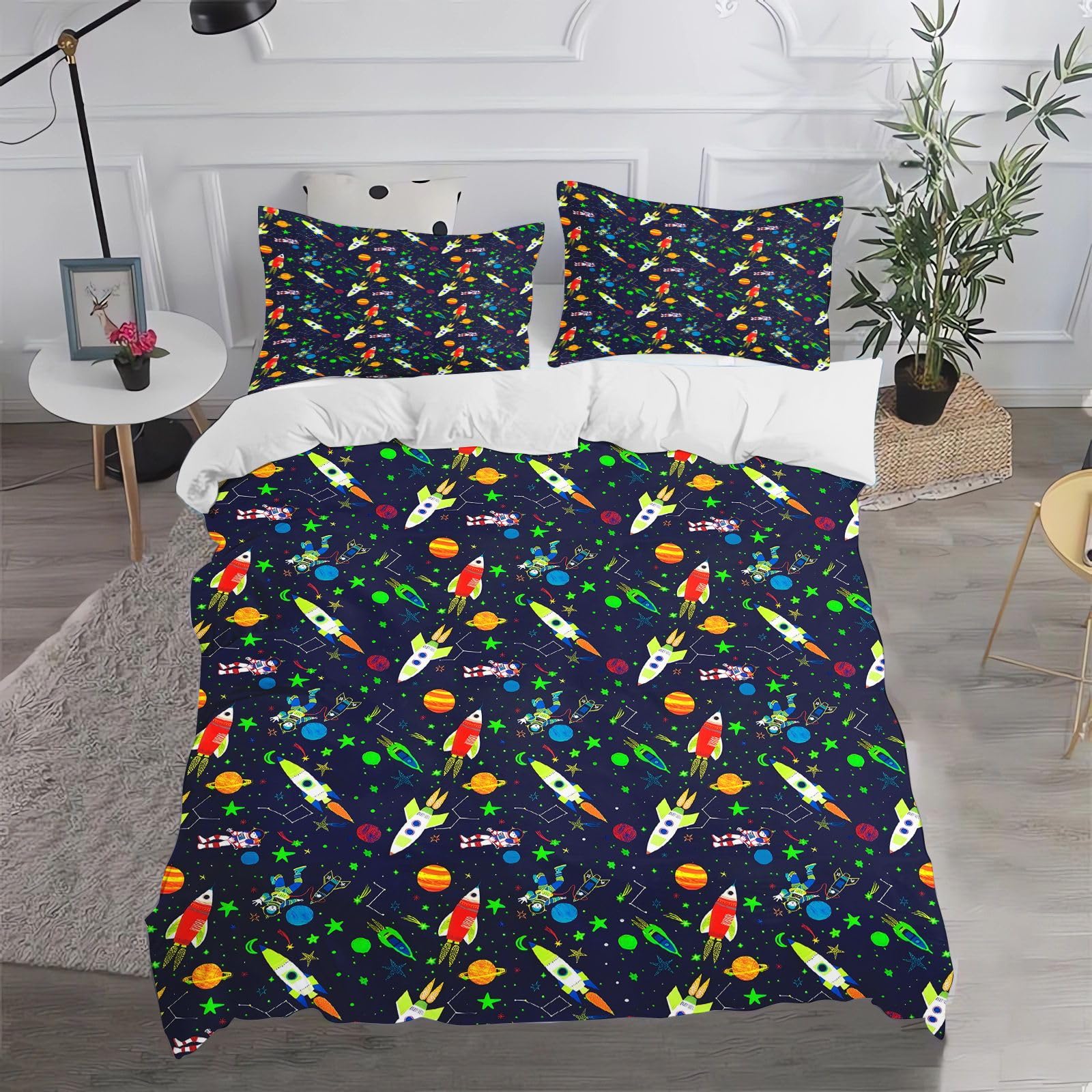 Fgolphd 3D Printed Space Rocket Astronaut Planet Duvet Set, Ultra Soft Microfiber Quilt Cover with Matching Pillowcases for Home Bedroom 135x200cm+1 * 50x75cm