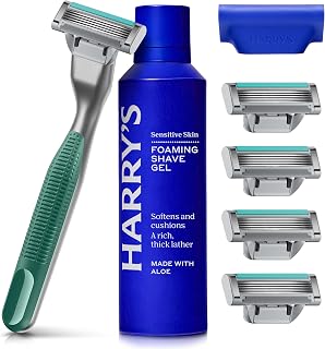 Harry's Plus – Starter-Set für Männer (Moos) – Premium-Griff mit 5 Rasierer-Nachfüllungen, 60 ml schäumendem Rasiergel und Reiseklingenabdeckung