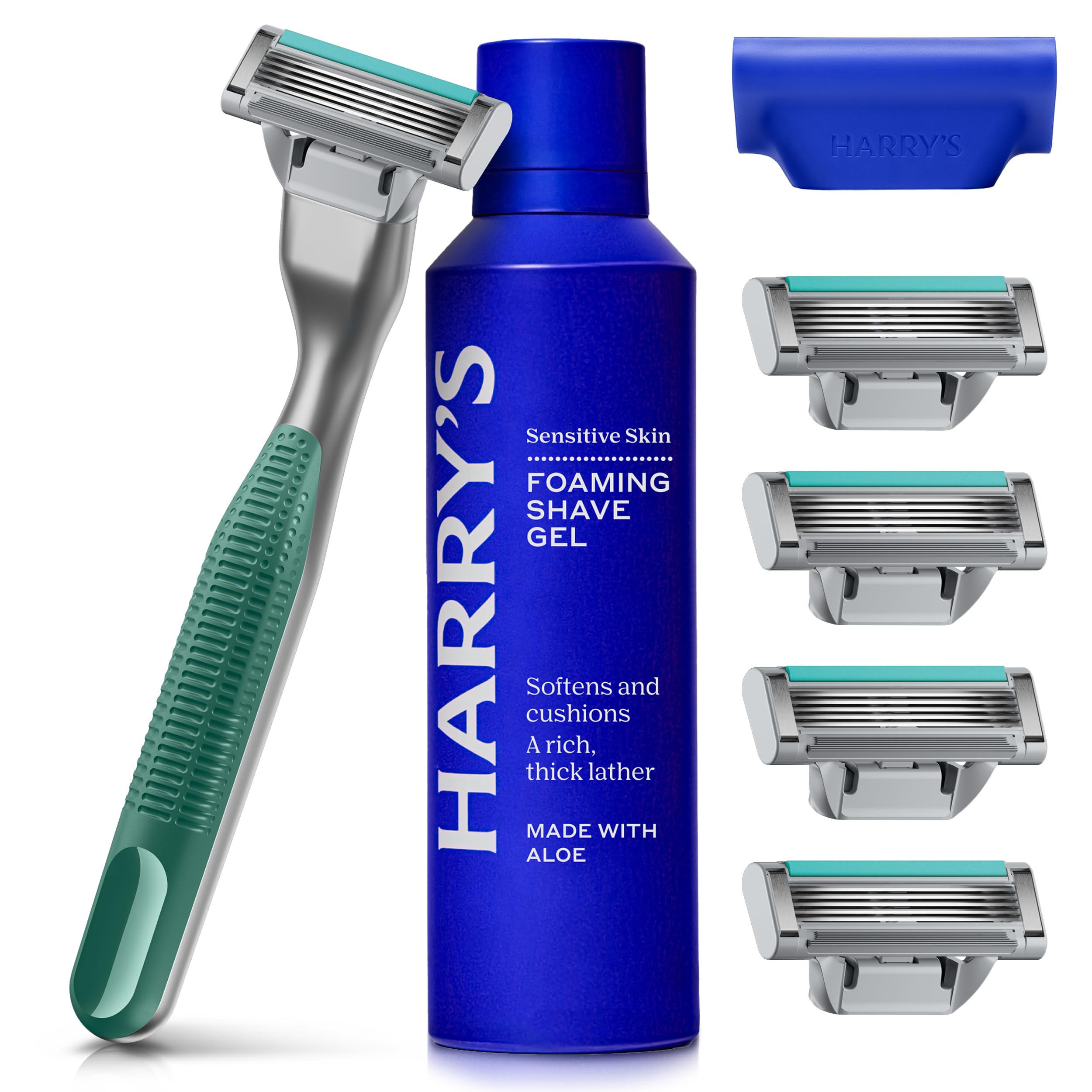 Harry's Plus Razor for Men - Starter Set - 1 Premium Handle with 5 Razor Refills, 60ml Foaming Shave Gel and Travel Blade Cover - Green