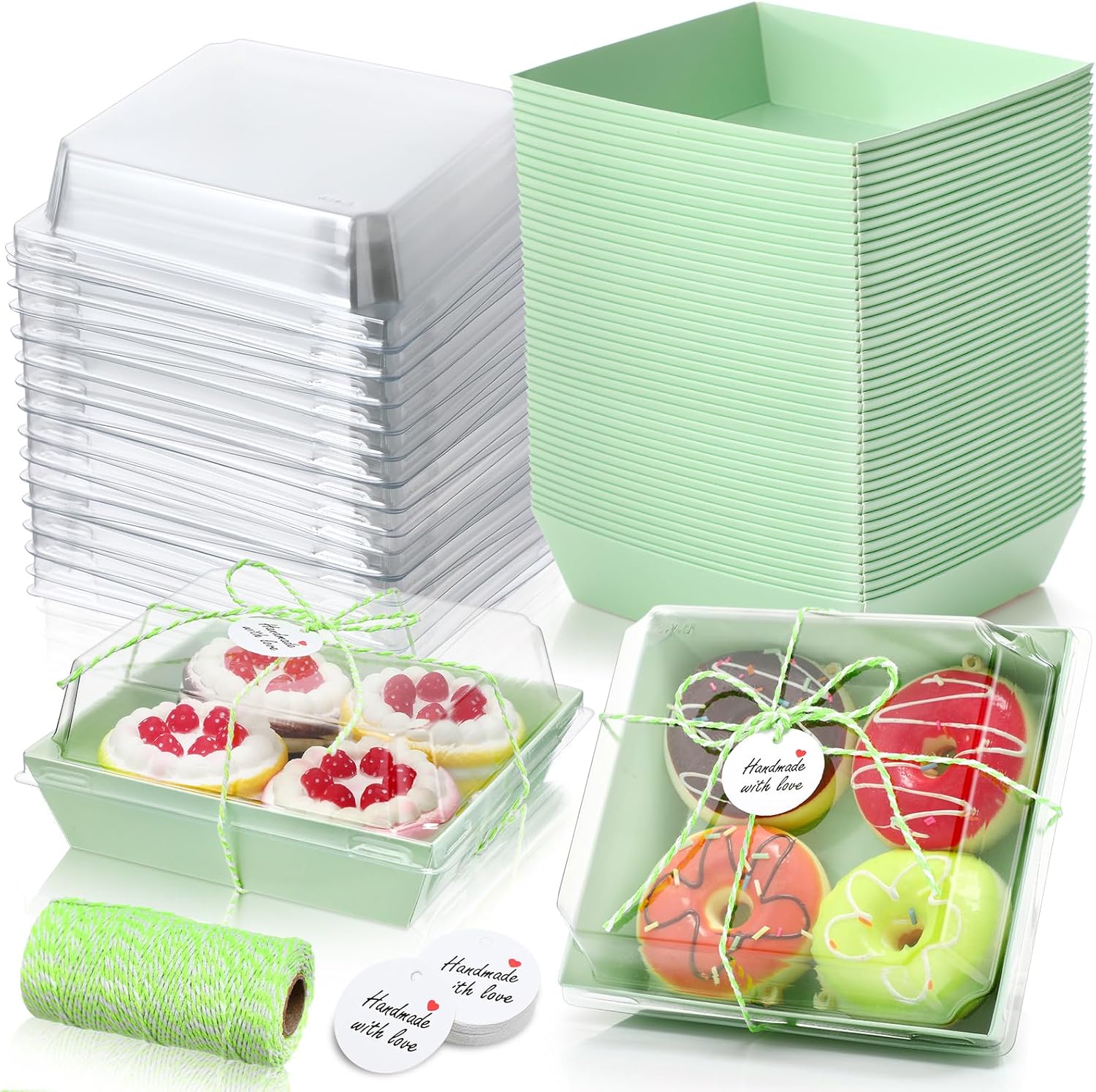 Outus 100 Pack Charcuterie Boxes with Clear Lids Paper Food Containers Cake Take out Bakery Boxes with Gift Tags Rope for Desserts Cake Sandwich Strawberry(Light Green,Small,Classic) Light Green Small Classic