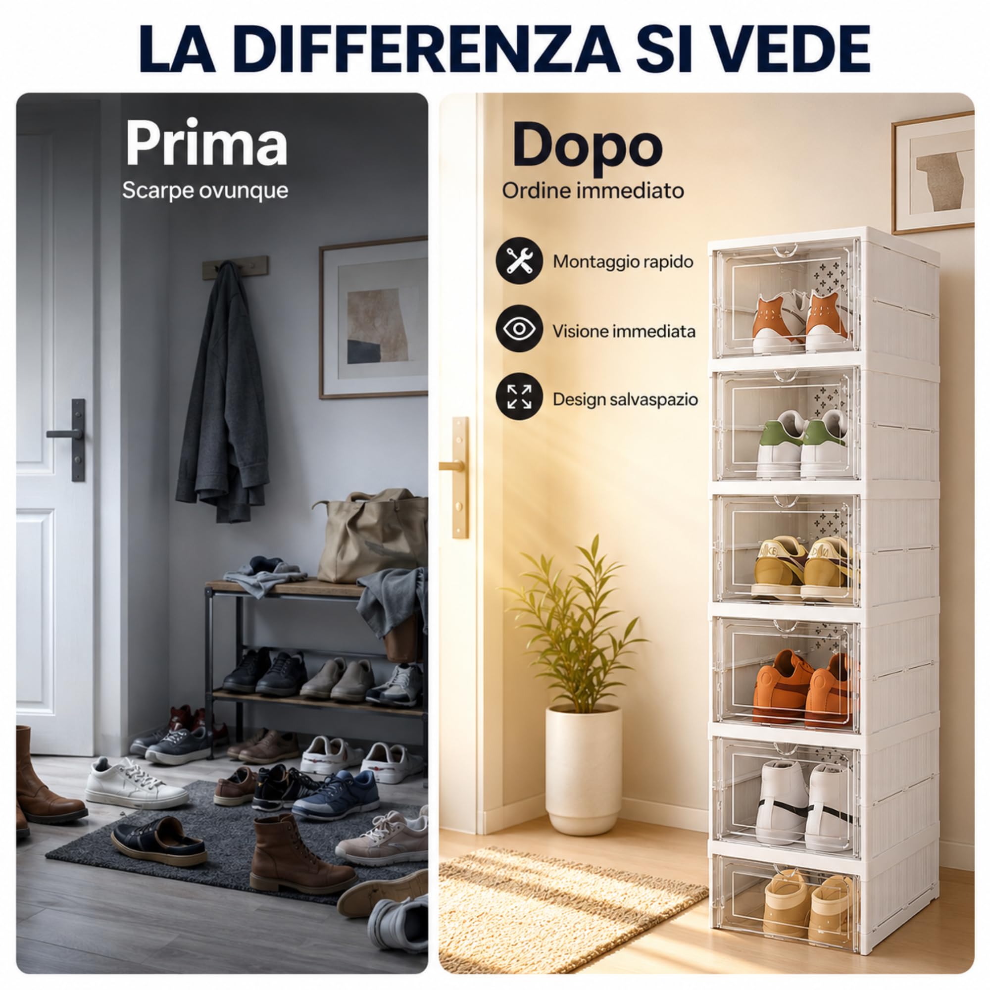 Scarpiera Salvaspazio Slim 6 Scomparti con Ante Trasparenti - Scarpiera Ingresso con Retro VENTILATO e RESISTENTE - Montaggio Senza Attrezzi - per Ingresso, Camera, Armadio - Fino alla Taglia 46