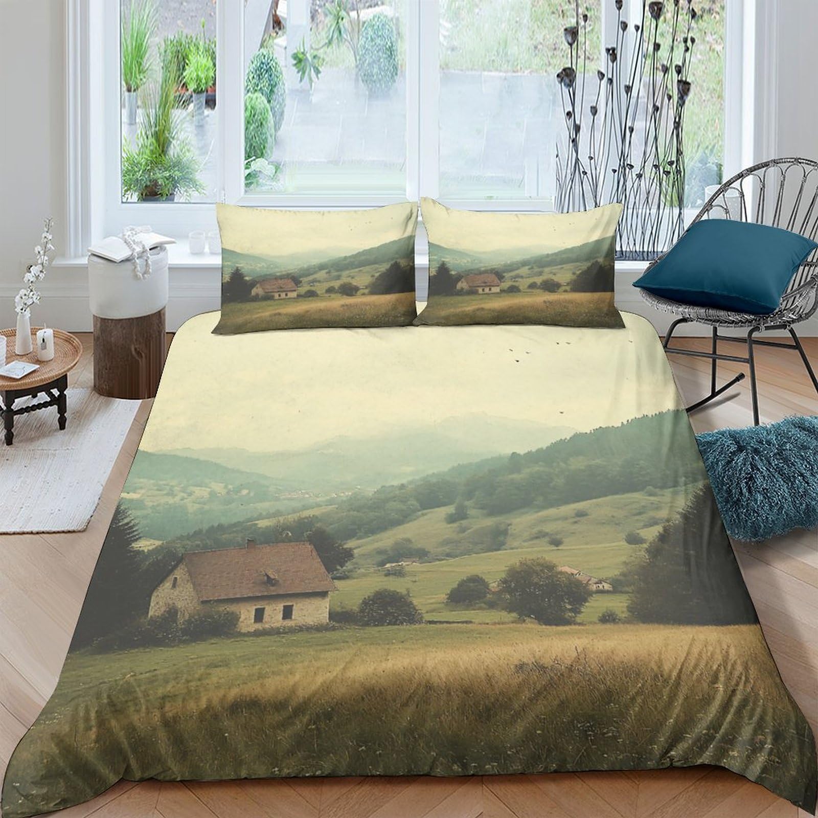 Ctjqhvkz Style-10 3D Printed Countryside Landscape Fitted Sheet Microfiber Soft Breathable Village Scenery Mattress Cover Bedroom Decor Single（135X200cm）