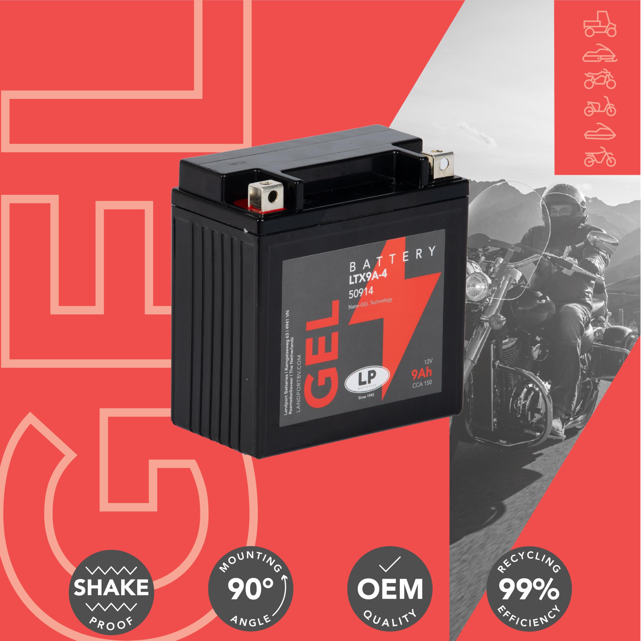 Landport Battery 12 V 10 Ah LTX9A-4 Gel Compatible with Aprilia