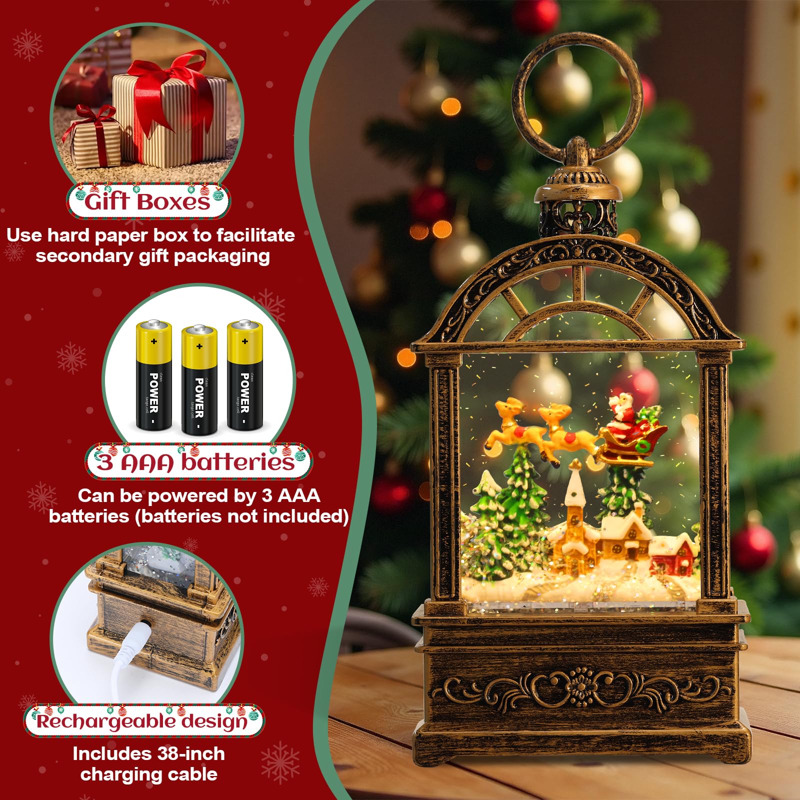 Snow Globe Christmas Lantern Decorations - 9.8”USB Plug-in & Battery Operated Music can be Turned Off，Portable Creative Water Glitters Lighted Music Christmas Snow Globe Lantern for Christmas Decor