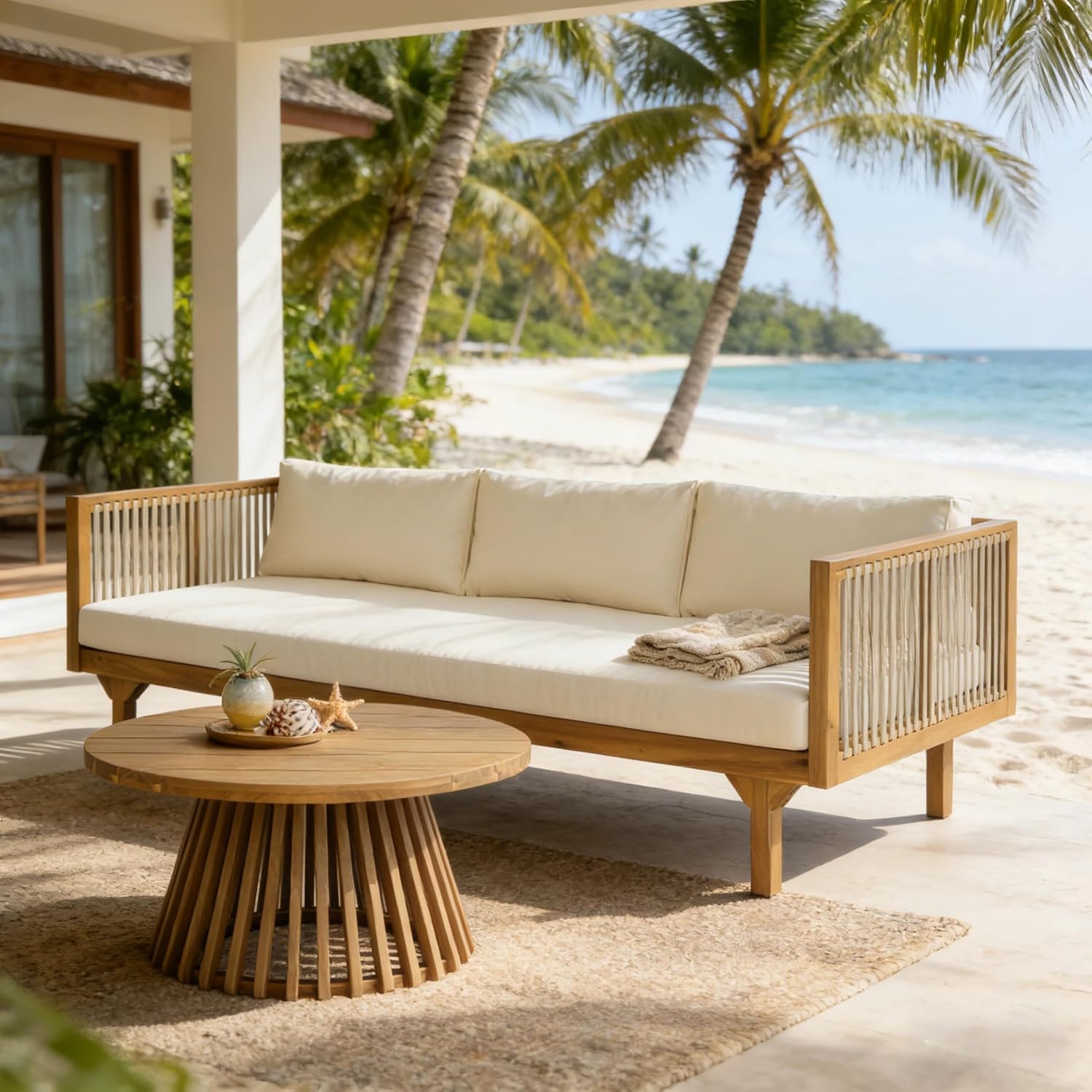 Merax Outdoor Acacia Wood Conversation Set - Patio 3-Seat Loveseat Sofa w/Coushion and Round Coffee Table for Backyard, Lawn, Balcony, Water Repellent, 600 lbs Sofa Capacity, Teak +Beige