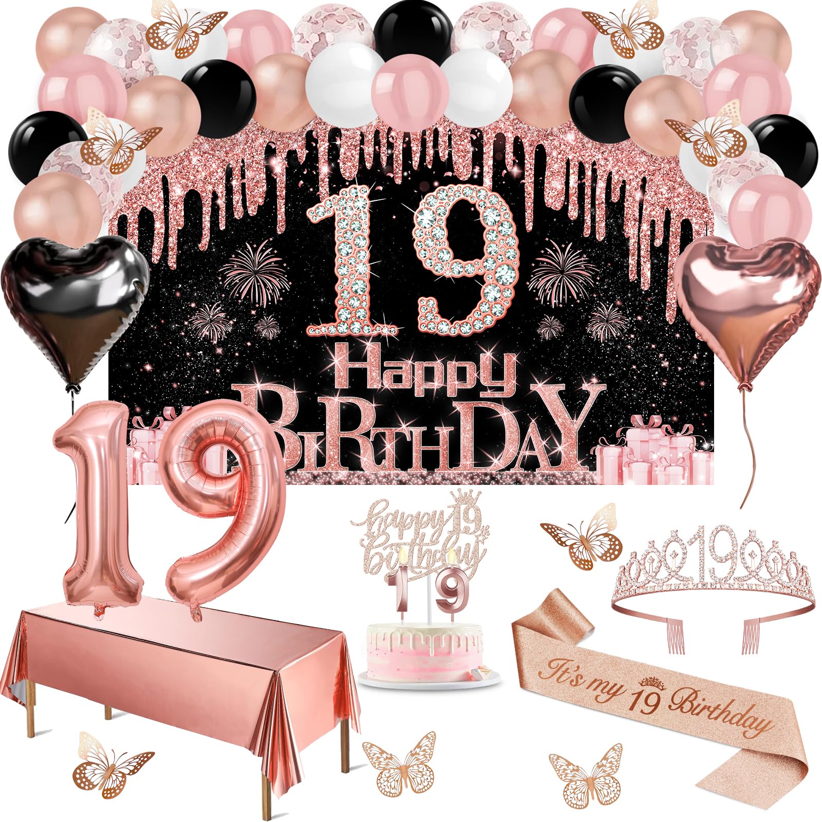 19th Birthday Decorations for Girls, 49pcs Black Rose Gold Black Happy 19th Birthday Banner, Tablecloth, Butterfly Decor, Sash and Tiara, Cake Topper, Candles, Balloons Arch