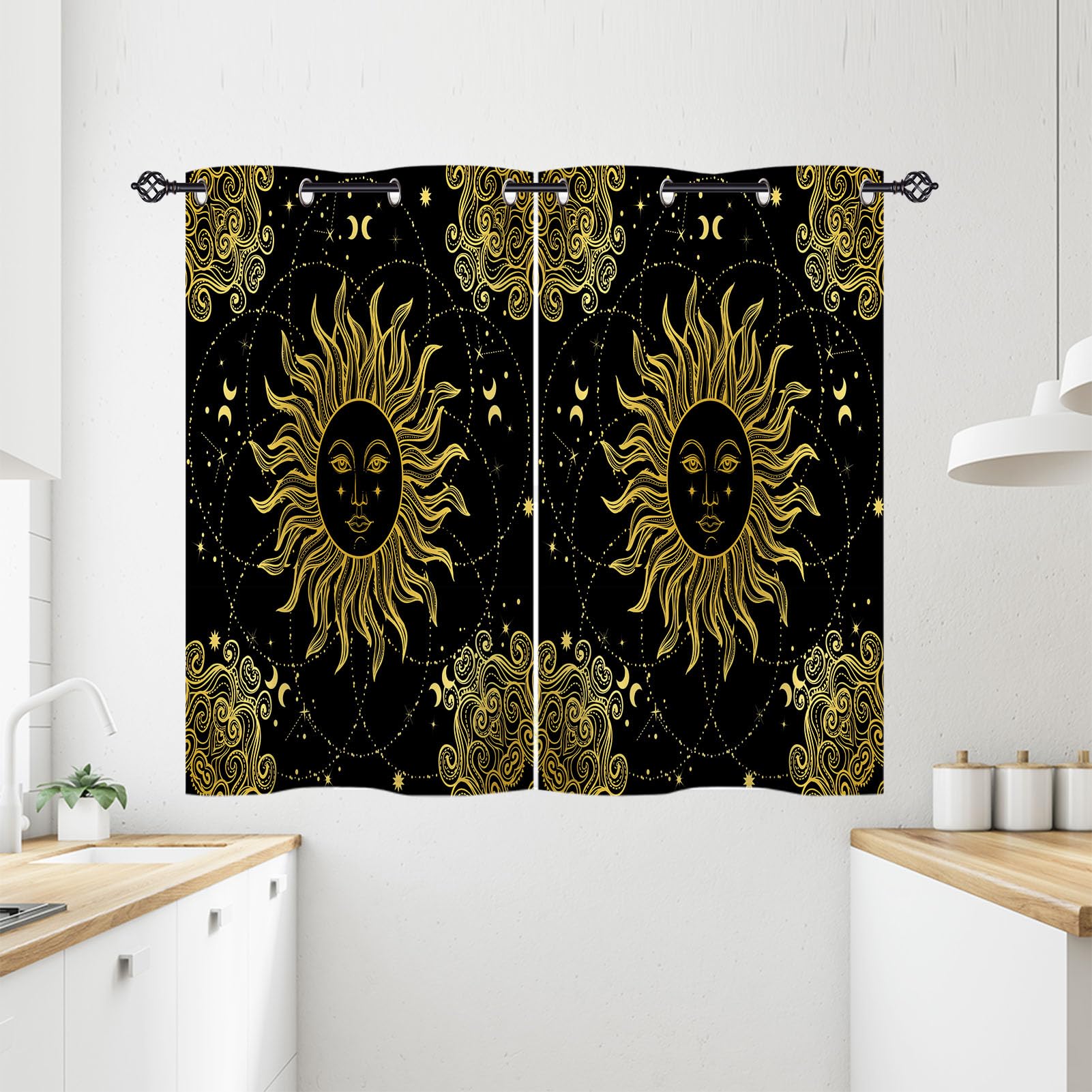 ANHOPE Sun Curtains Eyelet Thermal Insulated Blackout Curtains Vintage Boho Moon Stars Print Pattern Ring Top Drapes for Bedroom Living Room 28 x 54 Inch Drop 2 Panels