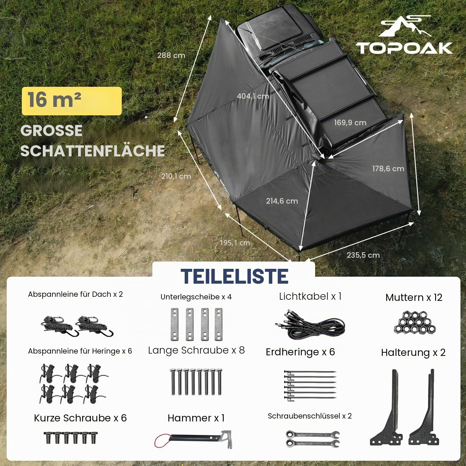 270 Auto RV Vorzelt für Wohnmobil - Overland Zelt Fahrzeug Markisen Ersatz Vordach Markise, Universal Seitenschiebe für SUV LKW Van Anhänger (grau, Fahrerseite) | Freistehende 270 Auto-Markise mit LED-Beleuchtung, schneller Einrichtung und breitem Schatte