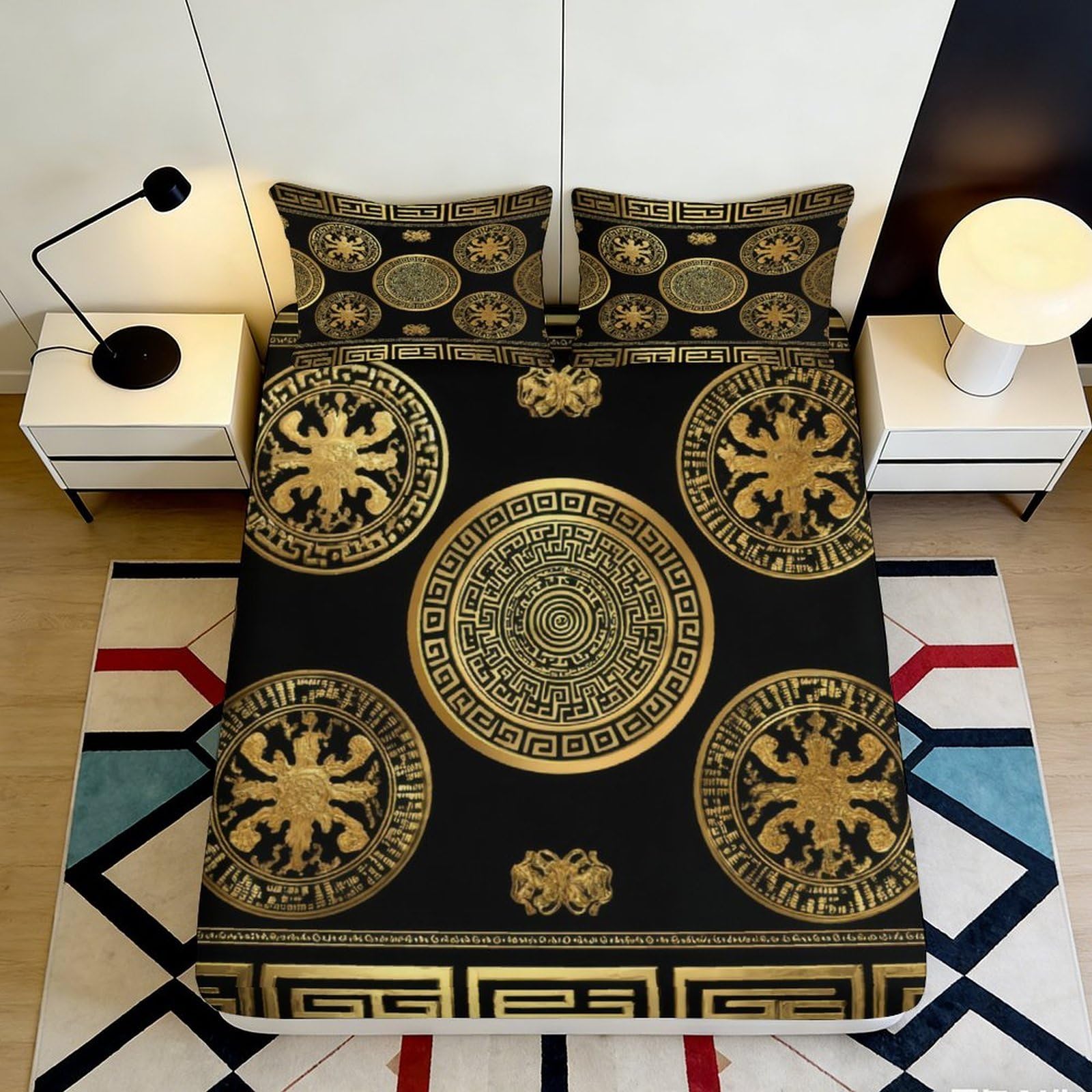 3D Printed Mandala Gold Fitted Sheet Microfiber Soft Decor Baroque Pattern Mattress Cover for Bedroom Guest Room 90x200x25cm