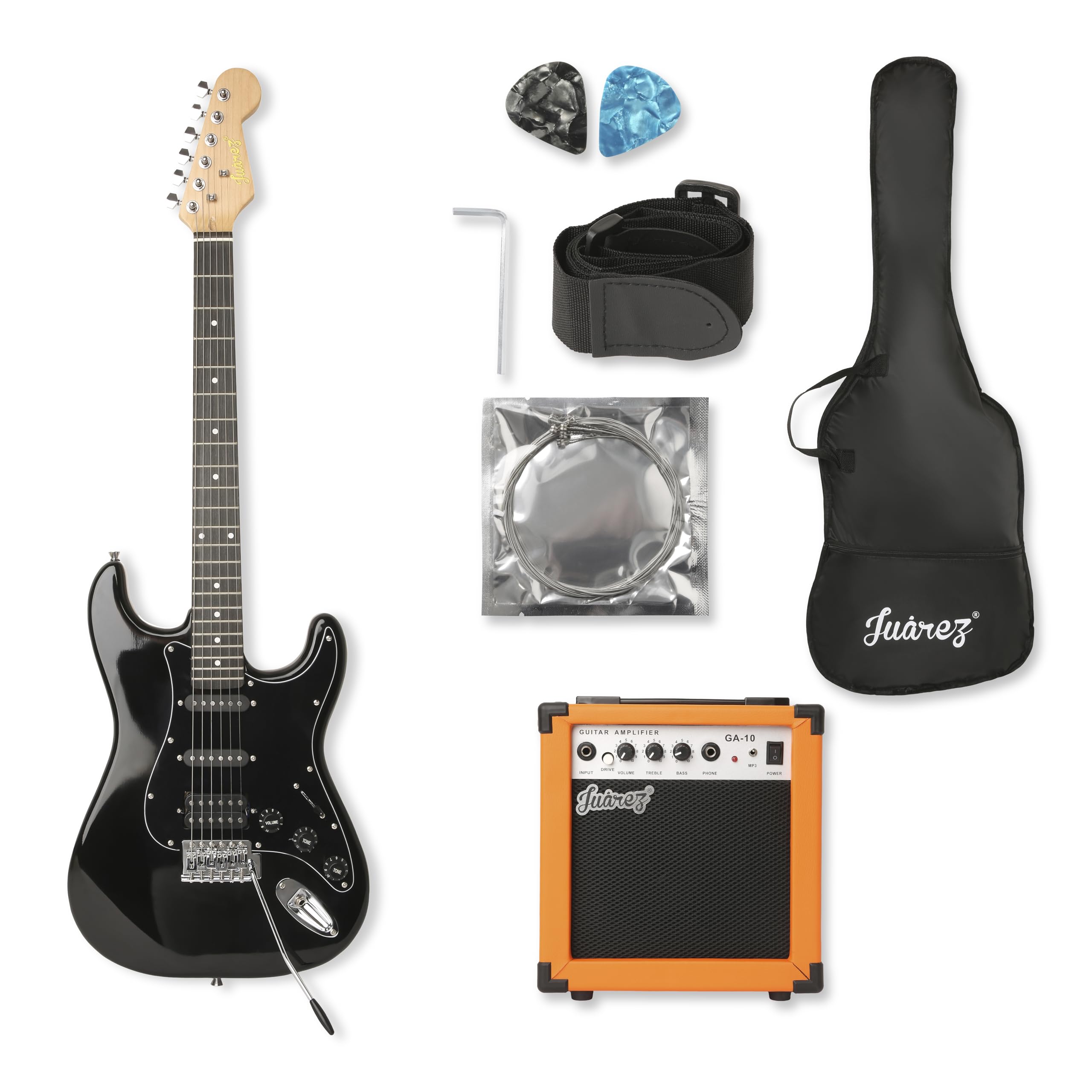 Juarez Basswood JRZ-ST01KIT-FBK Full-Size H-S-S Electric Guitar Kit for Beginners | Includes Amplifier, Cable, Strap, Picks & Gig Bag Full Black