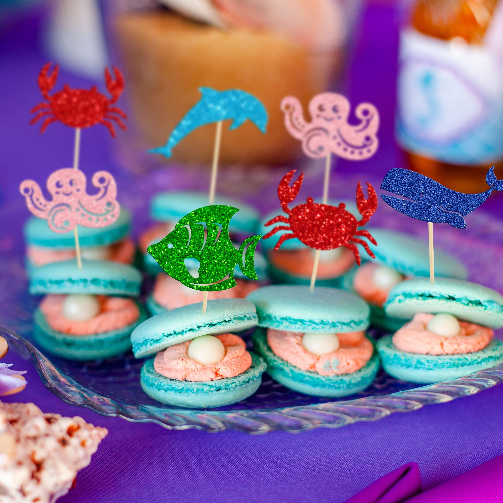 Gyufise Confezione da 30 decorazioni per cupcake a tema animali marini delfini, granchi, balene, polpi, pesci, cupcake, baby shower sotto il mare, animali a tema, feste di compleanno, decorazioni per