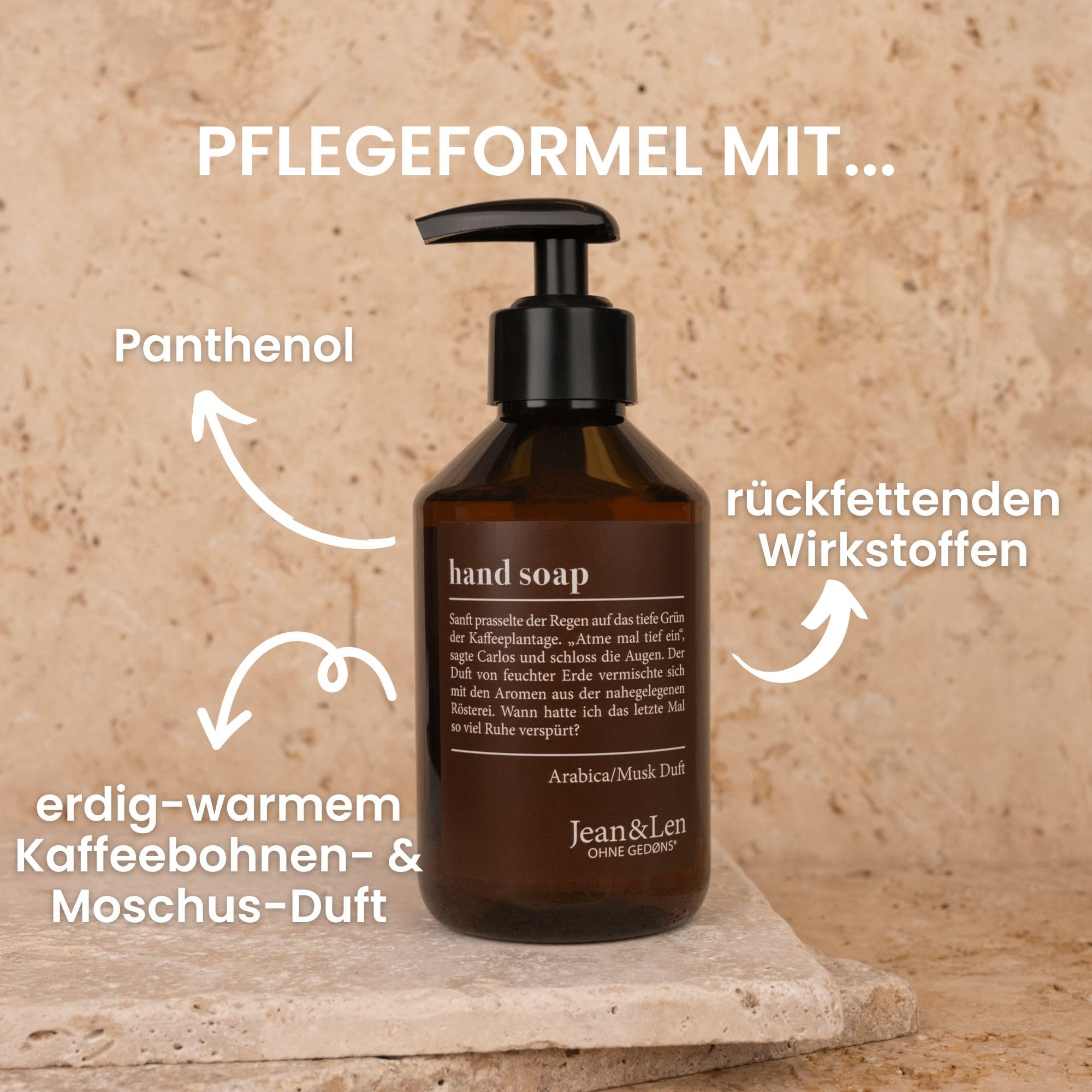 Jean & Len Mydło do rąk Arabica & Musk, czyści zmęczone dłonie, nadaje się do codziennego użytku, mydło w płynie w dozowniku z pompką, aromatyczny zapach, wegańskie, 250 ml