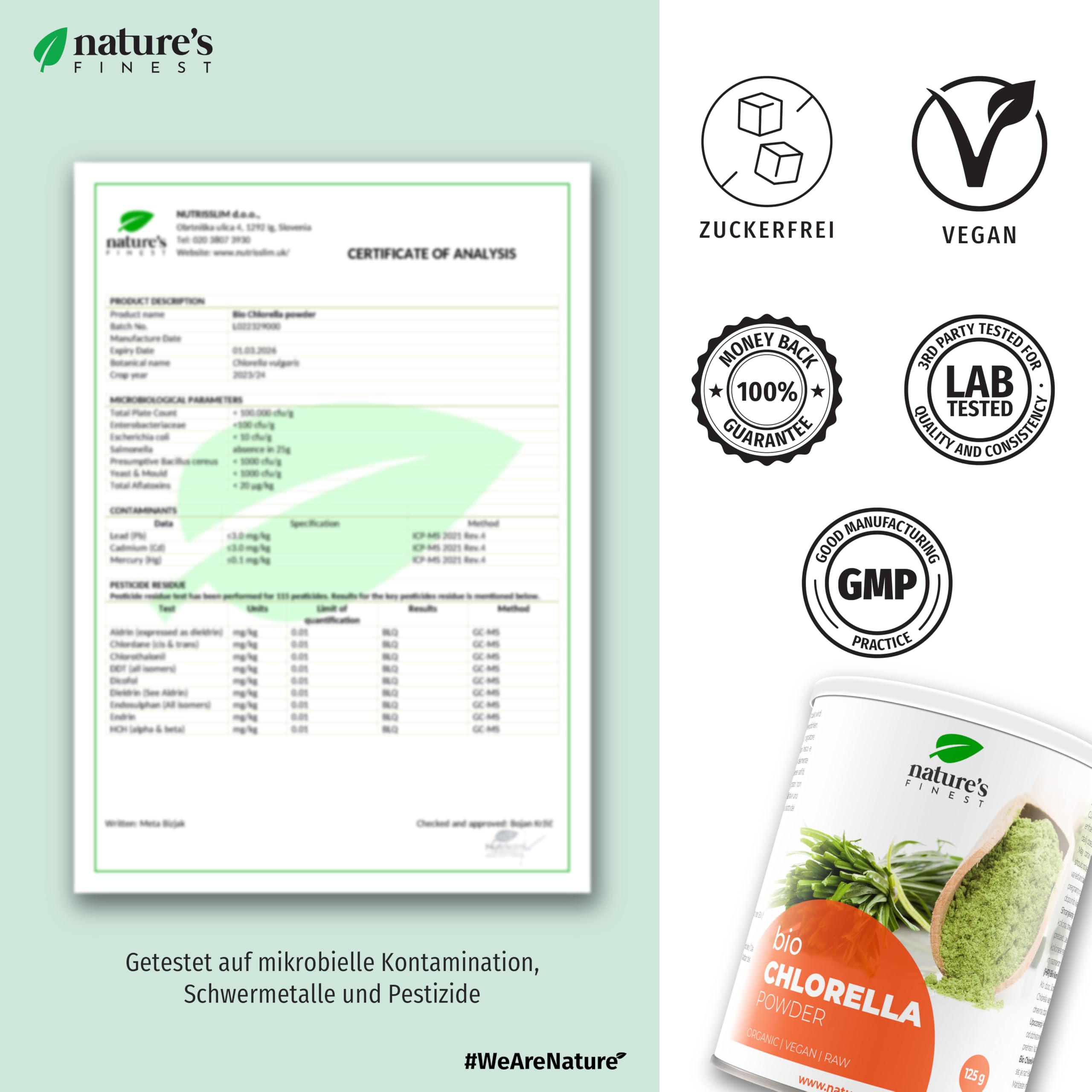 Nature's Finest Bio Chlorella, Pulver 625 g (5er Pack)