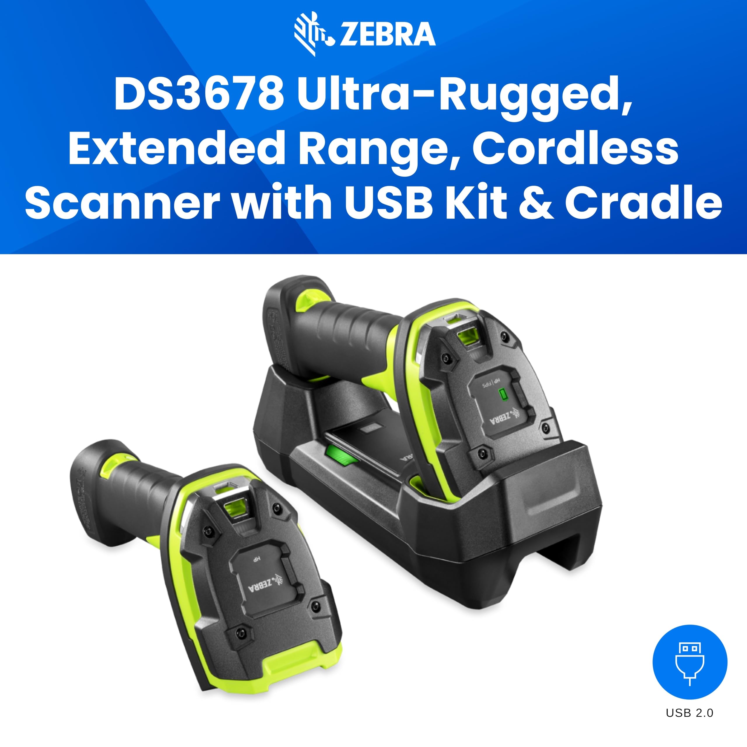 Zebra DS3678-ER Rugged Barcode Scanner | 1D 2D QR Code Scanner Extended Range | USB Kit | Vibration Motor | Cradle |Shielded USB Cable | Cordless
