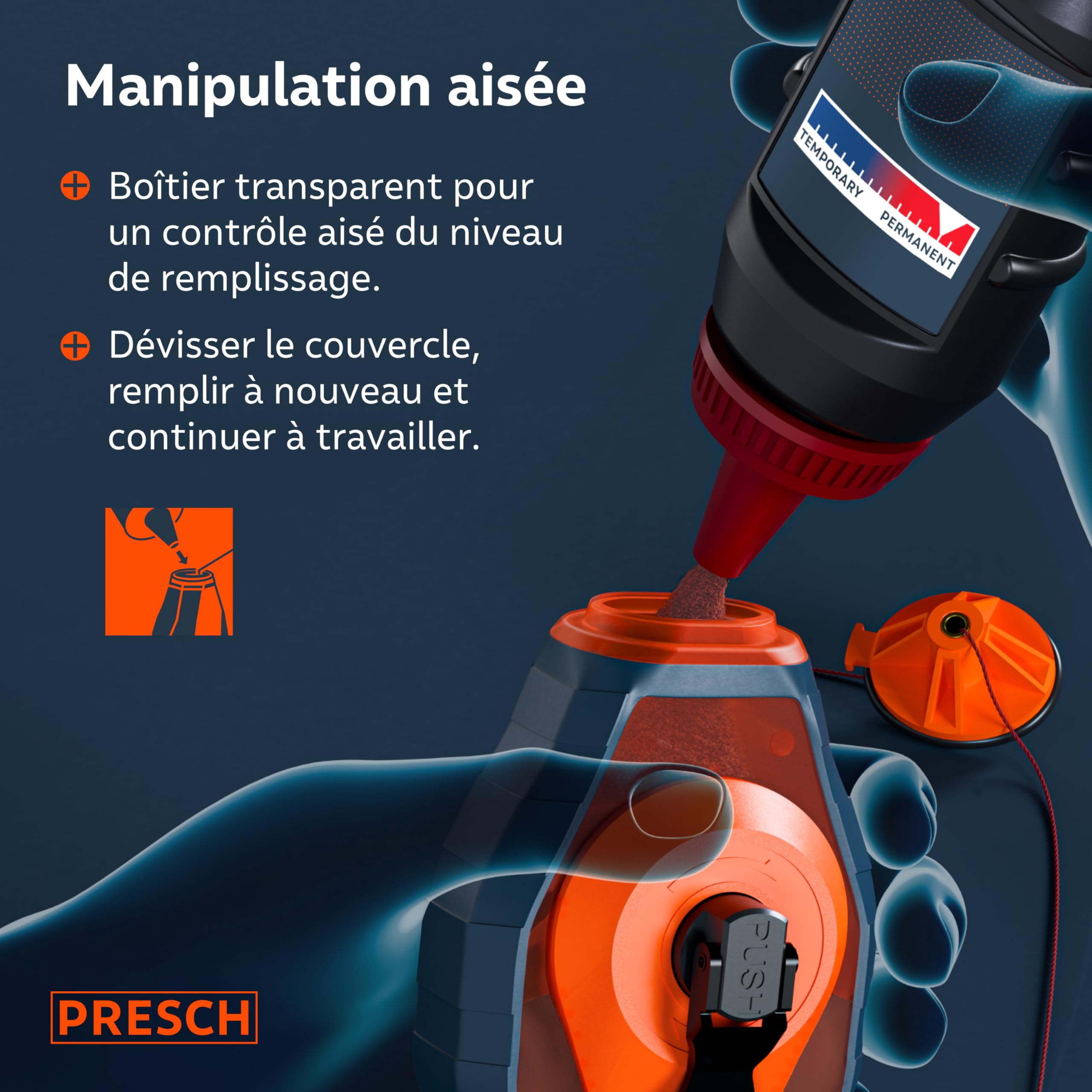 PRESCH Cordeau Traceur de 30m avec craie rouge (150 g) - Dévidage rapide grâce à l'engrenage 6:1 - Hydrofuge et durable - Ligne robuste pour des lignes précises