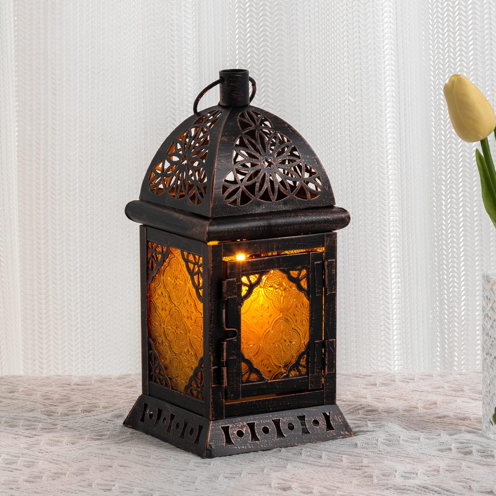 DECORKEY Vintage Large Size Decorative Ramadan Candle Lantern, Moroccan Style Hanging Lantern, Metal Tabletop Lantern Decor, Christmas Candle Holders for Outdoor Patio (Amber)
