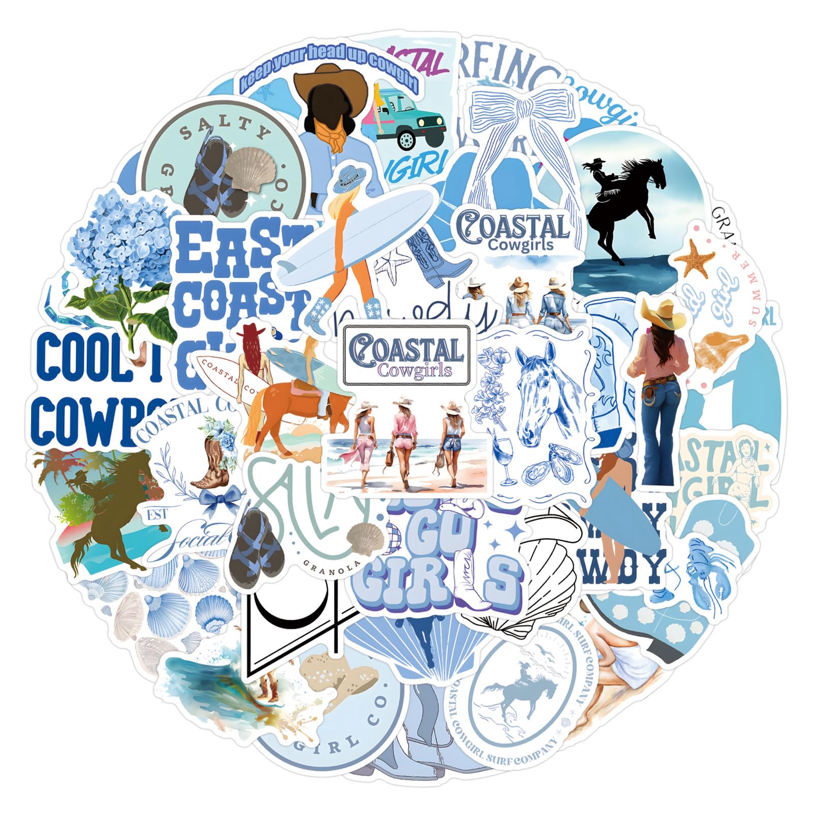 55PCS Coastal Cowgirl Stickers for Water Bottles Laptop Luggage Guitar, Coastal Girl Decals Vinyl Waterproof Stickers for Girls Women Adults Cool