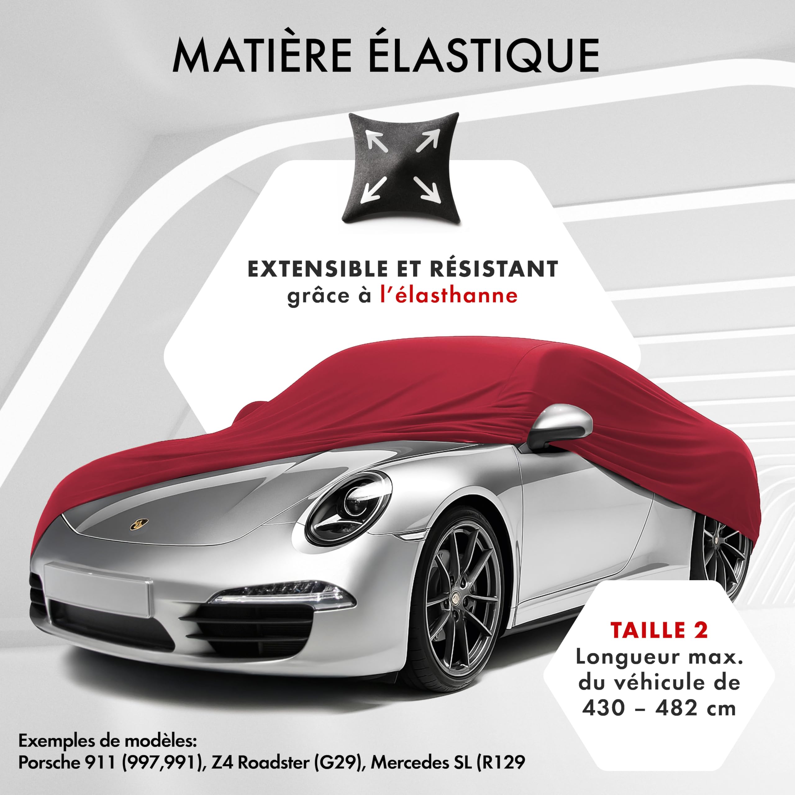WALSER Premium Housse de Voiture d’intérieur - Protection complète, Tissu élastique et Respirant, Anti-poussière, Doublure Douce, Ajustement serré, Indoor Stretch Plus, Taille 2 Voiture Rouge