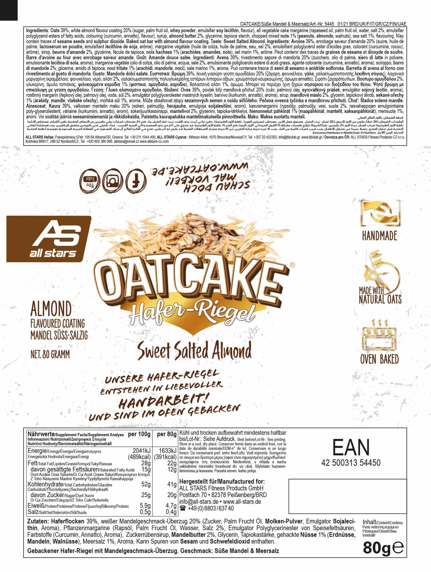 Barretta d’avena All Stars Oatcake I 12 barrette proteiche da 80 g ciascuna I Contiene molti carboidrati e fibre I Spuntino energetico ideale dal delizioso gusto mandorla dolce salata