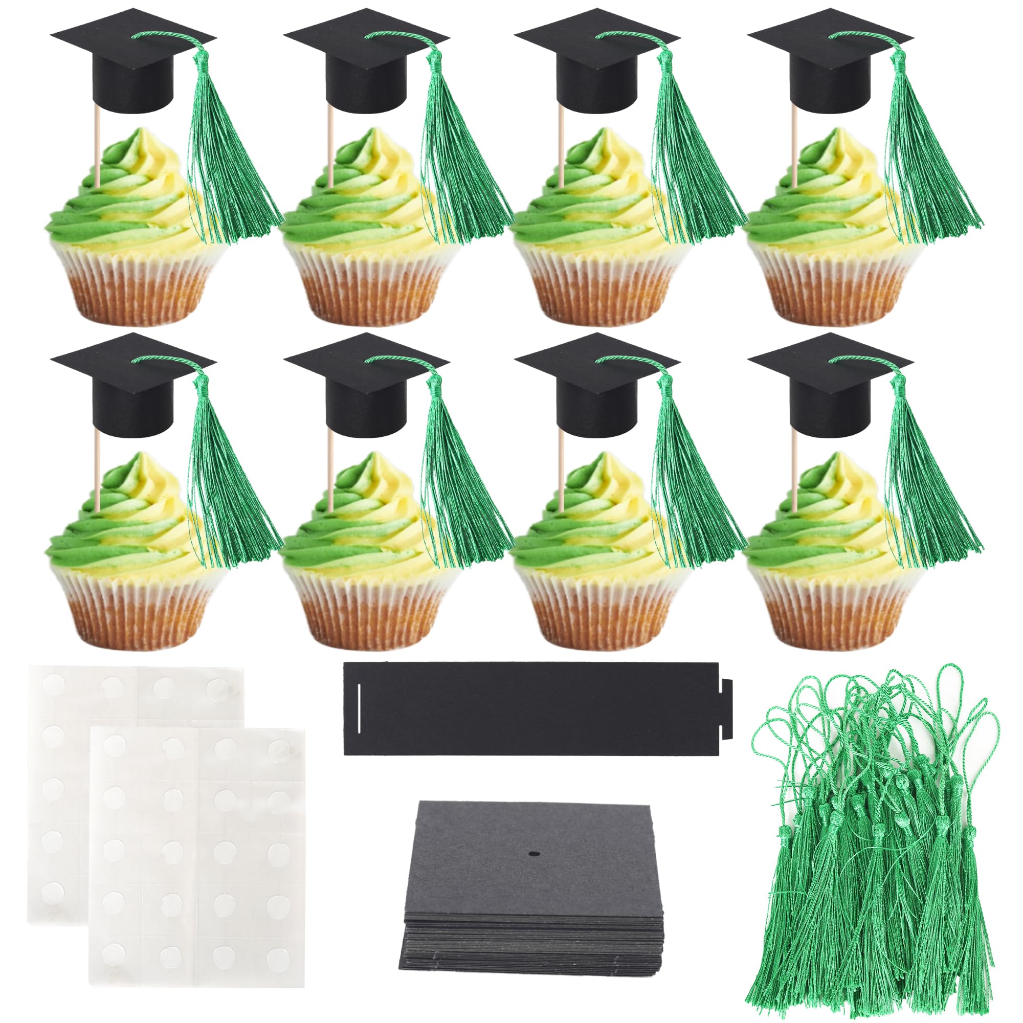 24 Pack 2026 Graduation Cap Cupcake Toppers with Green Tassel Class of 2026 Congrats Grad Caps Cupcake Picks Mini Graduation Party Decorations for 2026 Graduation Theme Party Cake Decorations