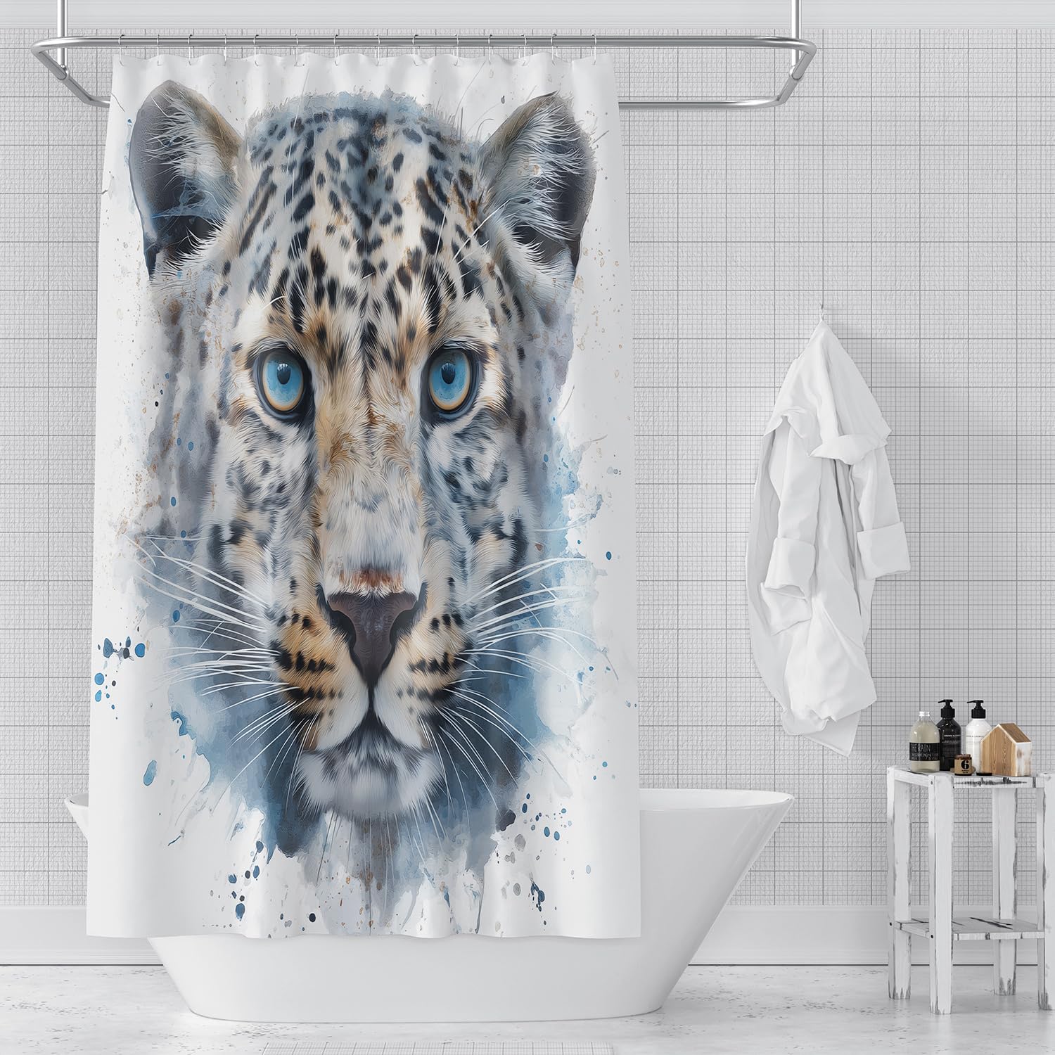 Duschvorhang 200x200 mit Aquarell Geparden, 3D Wildlife-Leoparden, Badezimmervorhang, Schlicht, Weiß, Wasserdicht, Polyestergewebe für Nassraum Badezimmerdekor mit Haken, B200 x H200 cm (1Er Pack)