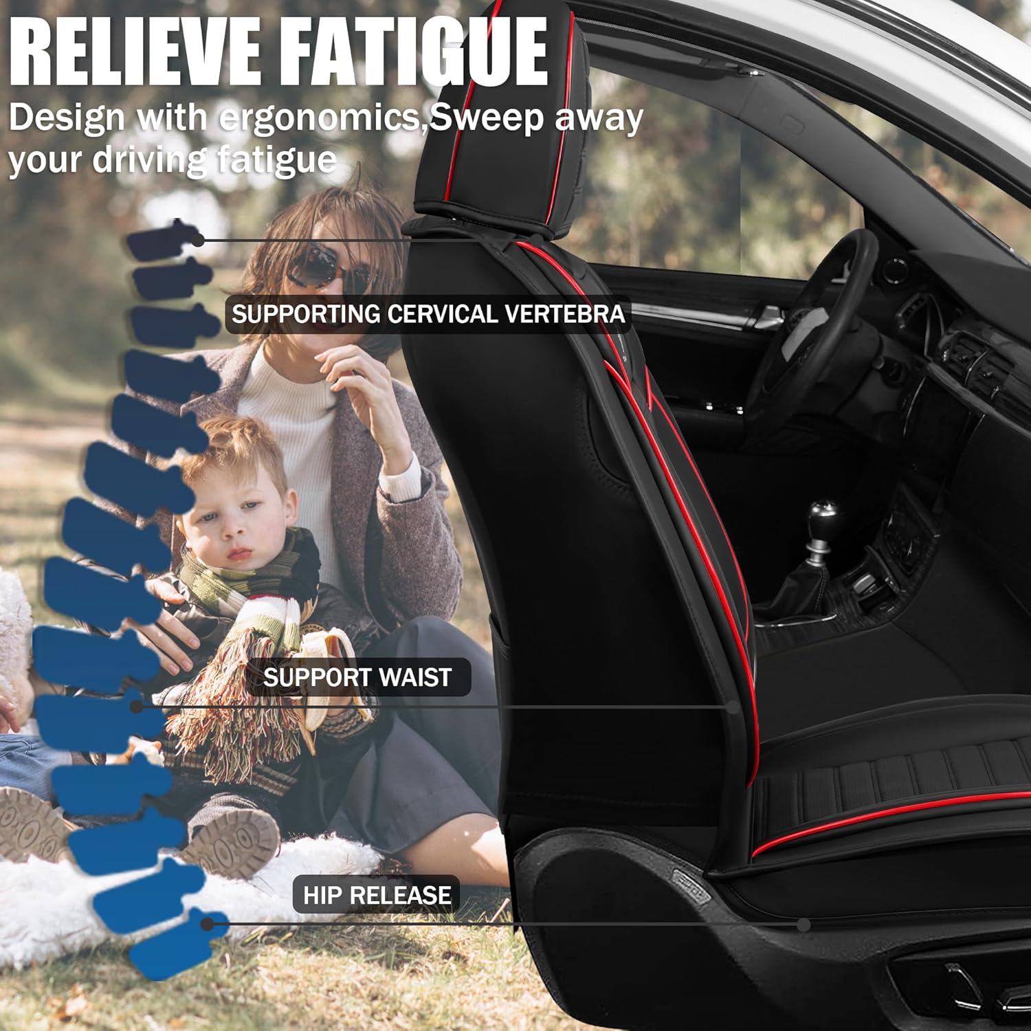 Seat Covers Fit for Volkswagen EOS 2007-2016 Premium Leather Car Seat Covers, Waterproof Non-Slip and Airbag Compatible, Fashion Car Seat Protector (Black Red,Front Set with Pillow)