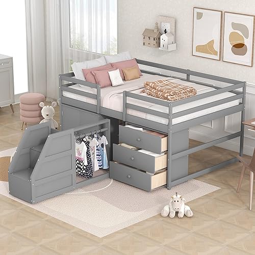 Miniatura 1 de Harper  Bright Designs Cama alta baja de tamaño matrimonial con armarios y cajones cama alta para niños con escaleras con ropa colgante cama alta de