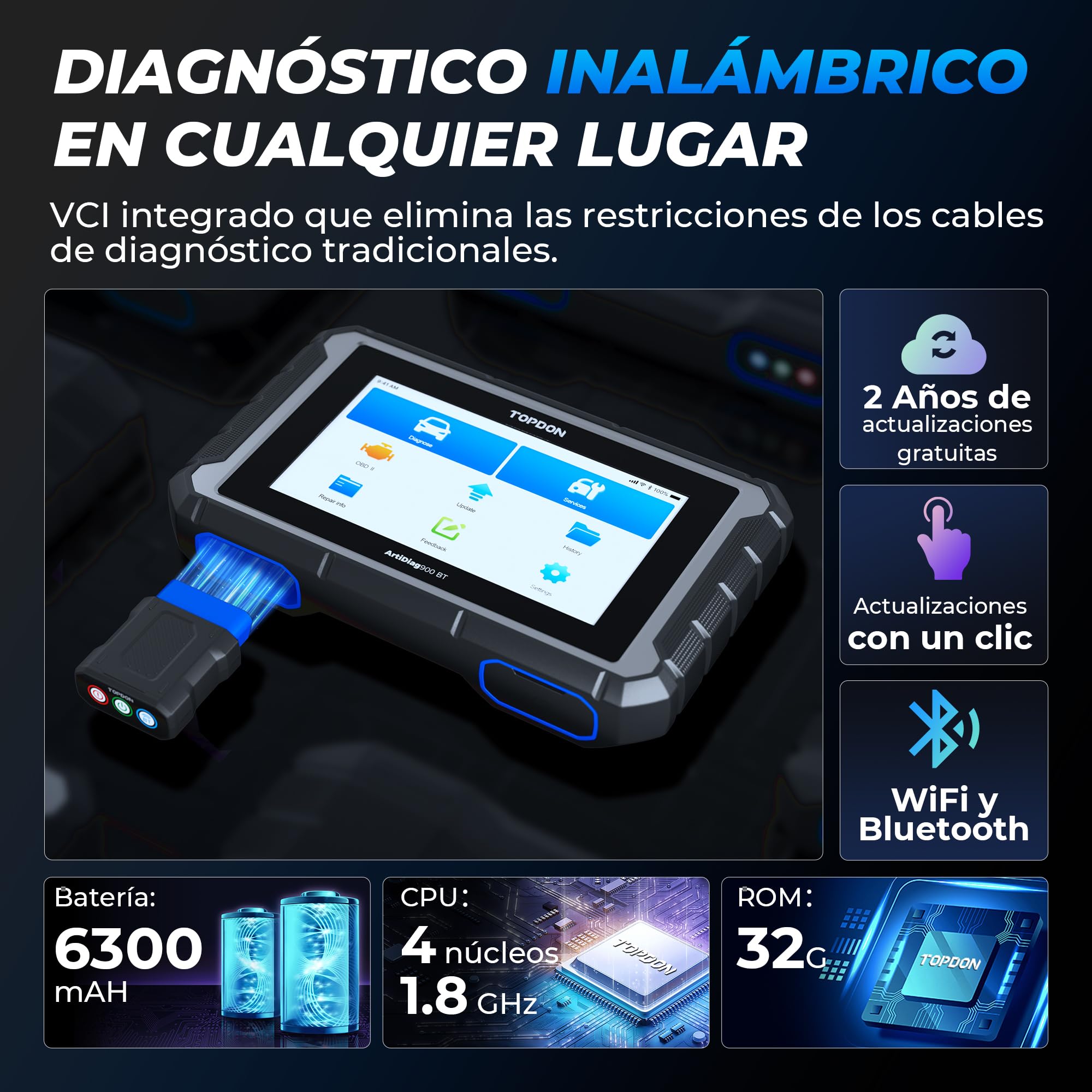 TOPDON OBD2 Diagnosis Coche AD900BT, Codificación ECU, Control Bidireccional, 28+ Servicios, Escáner de Sistema Completo, para Todos los Vehículos con FCA, 2 Años de Actualizaciones Gratuitas