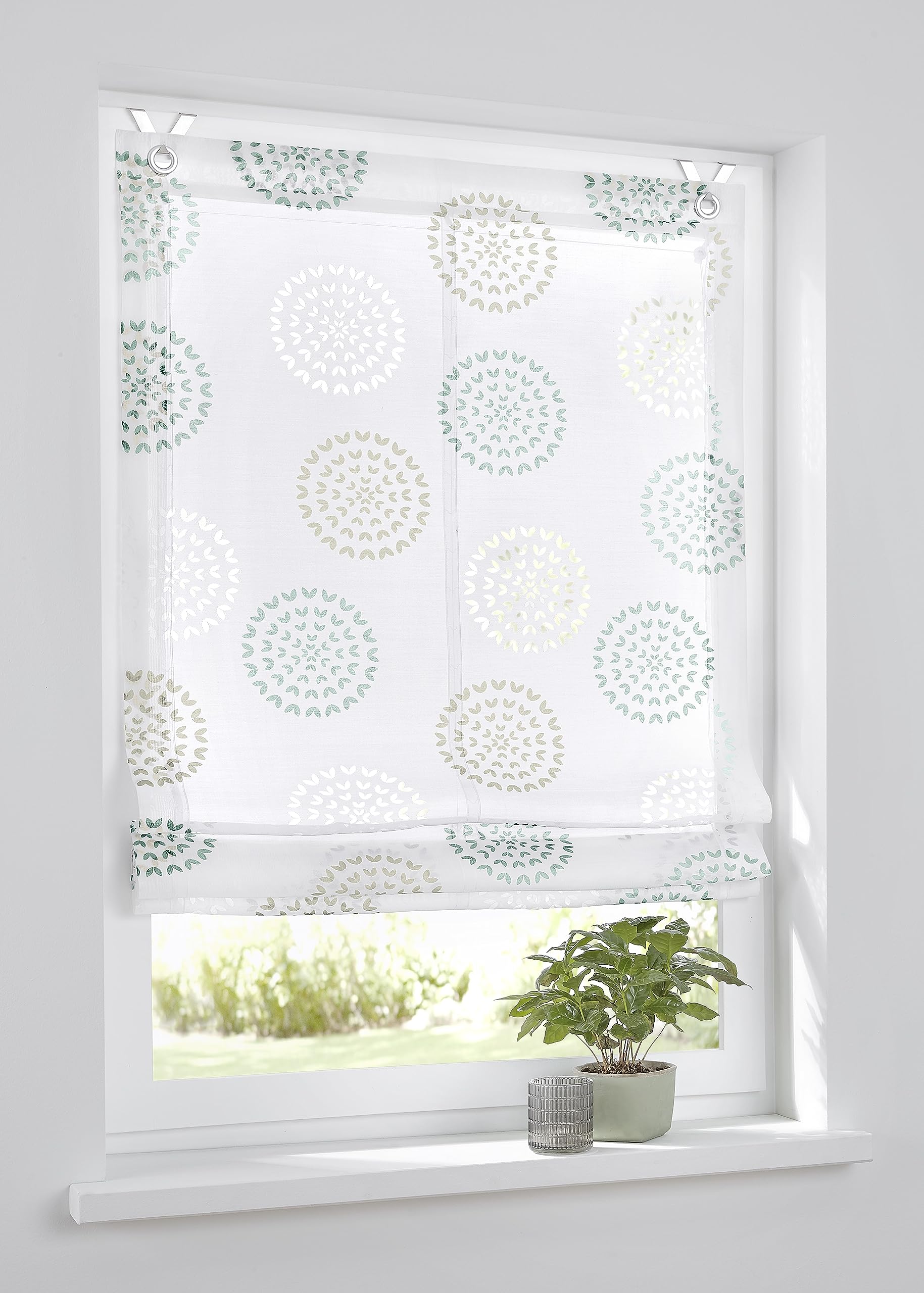 Ösenrollo Bella Ausbrenner Weiss Bedruckt Kreis Motiv Weiss türkis, 100 x 140 cm, incl. Fensterhaken