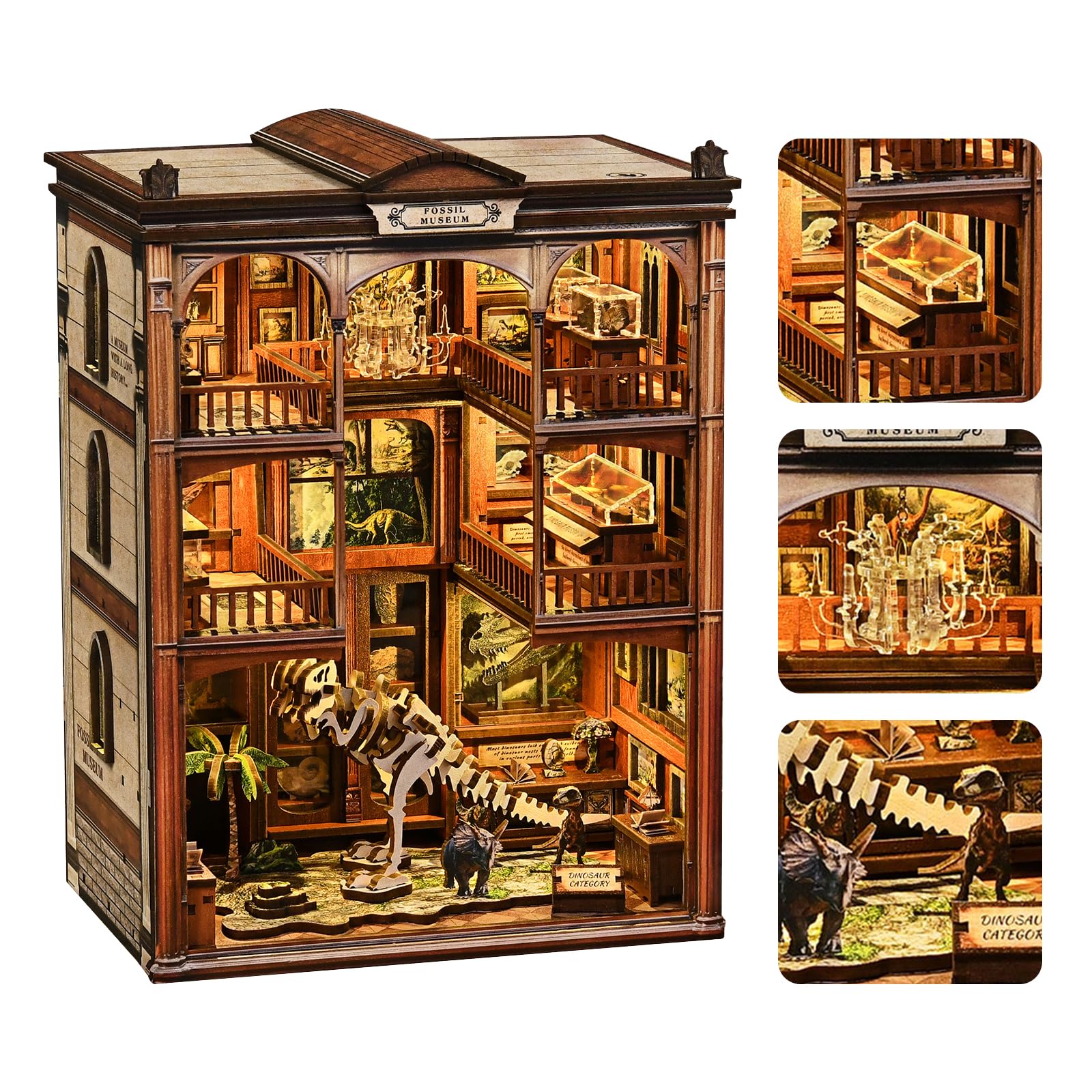 Dinosaur Book Nook Wooden 3D Puzzle Model Kits for Adults -LED Miniature Dinosaur Fossil Museum Book Nook Kit for Adults with LED Sofer Light