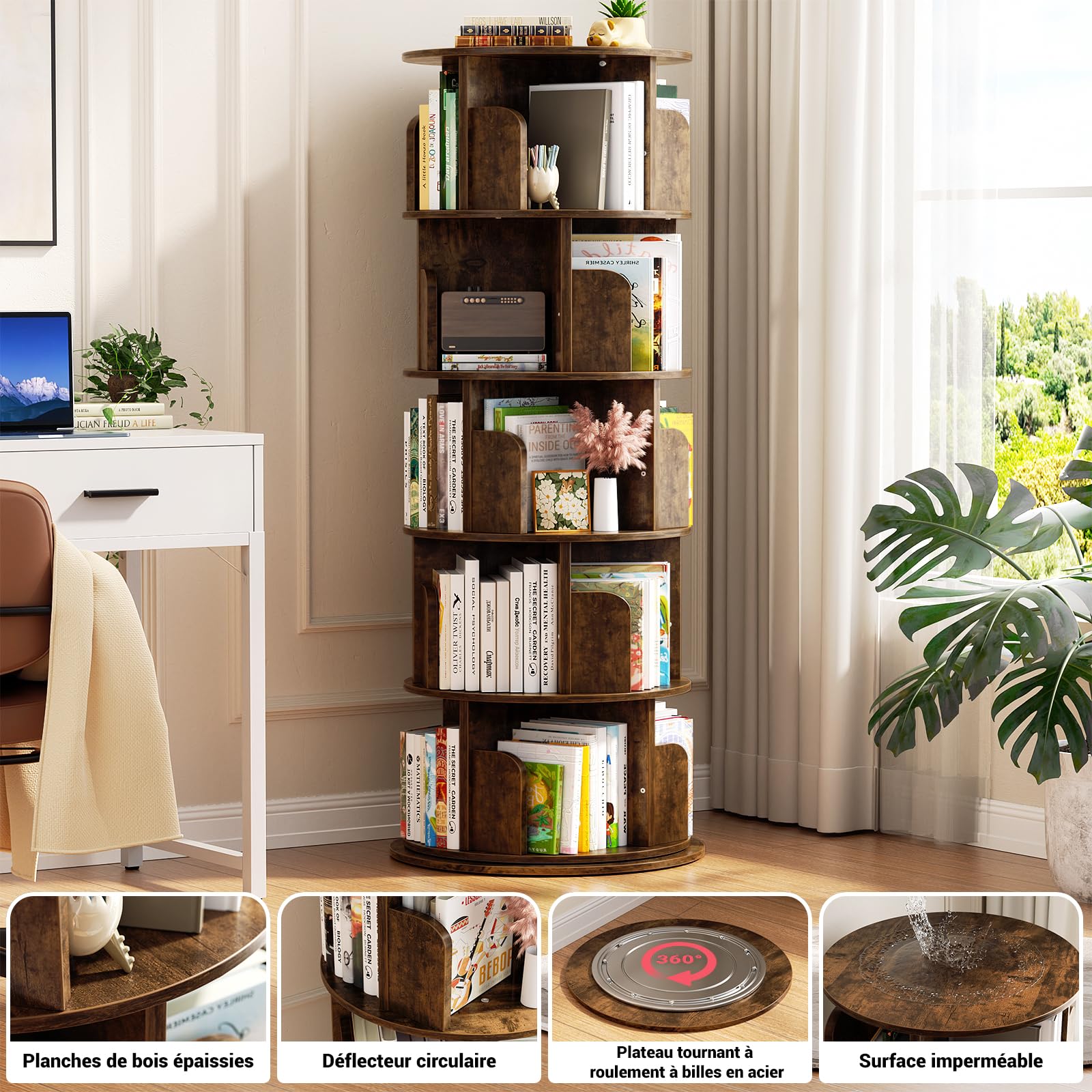 iSunirm Bibliothèque rotative à 5 Niveaux, Tour en Bois, bibliothèque Ronde pivotante à 360°, étagère étroite pivotante à roulettes, pour Chambre à Coucher, Bureau, Marron