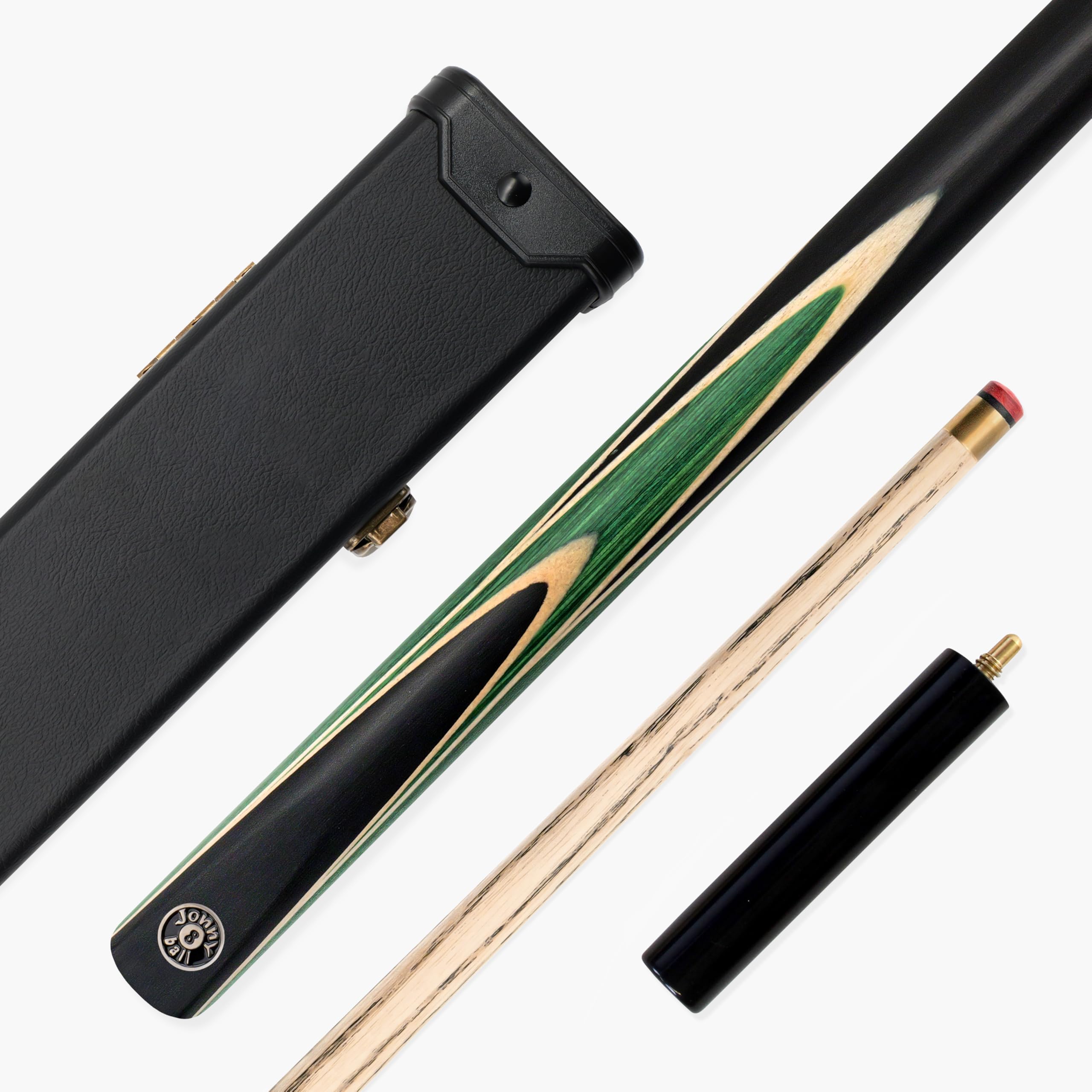 Jonny 8 Ball SNIPER 57 Inch ¾ Jointed English Pool Cue and Case Set 8mm Pro Leather Tip with Black Hard Plastic Ends Case and 6 Inch Mini Butt Extension (Green)