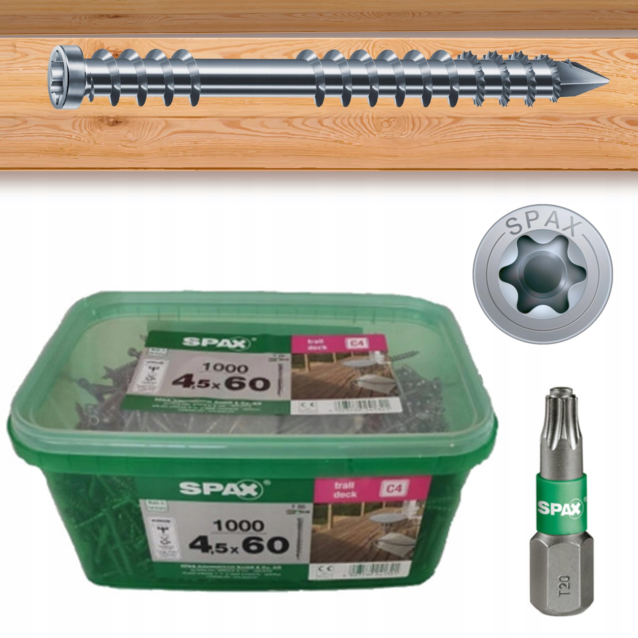 SPAX Terrassenschraube Bonus Set, 4,5 x 60 mm, 1000 Stück, WIROX C4, Zylinderkopf, T-STAR plus T20, CUT-Spitze