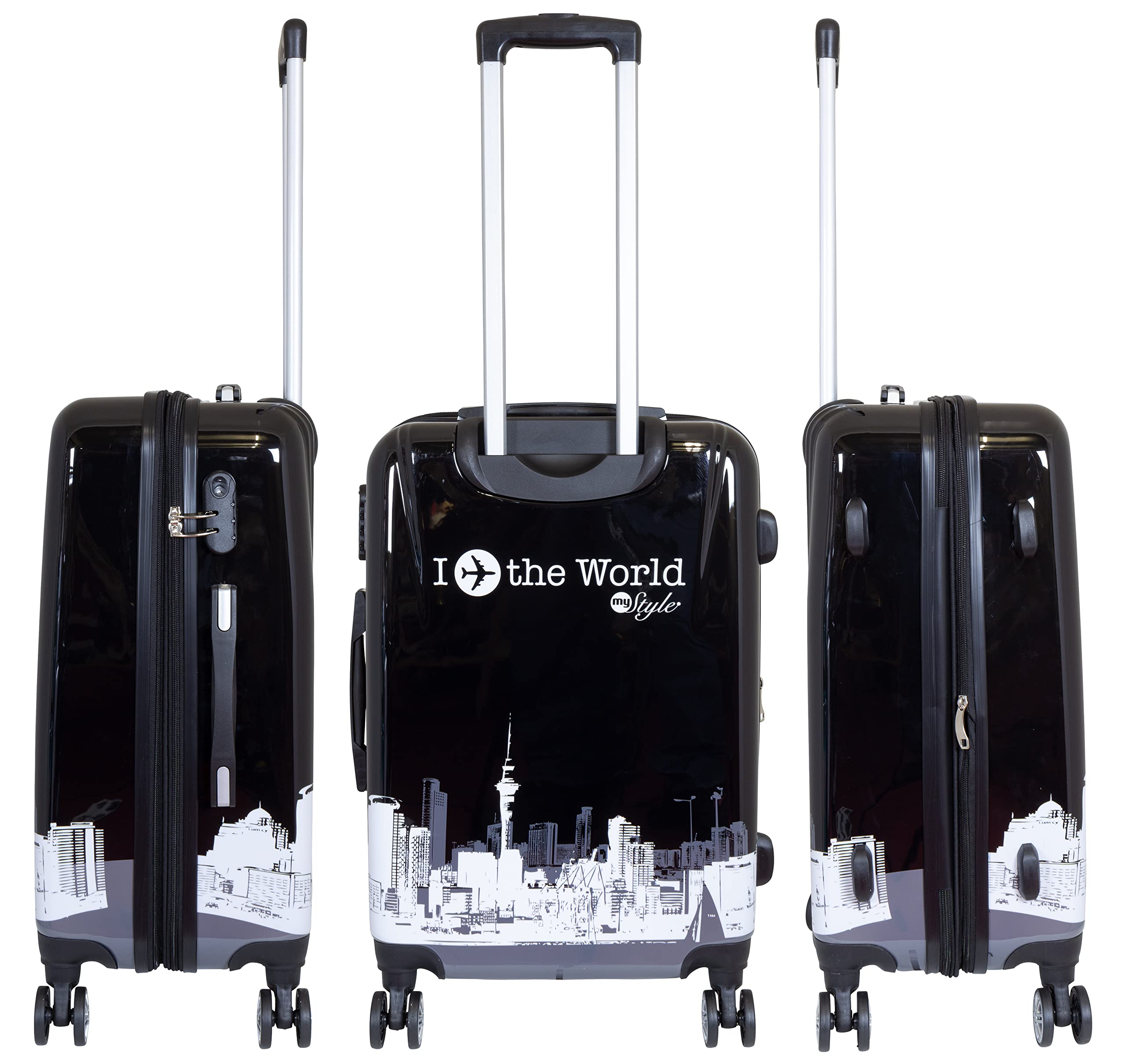 Hartschale Koffer-Set 3-teilig mit Flugzeug Städte Motiv - Fly The World schwarz - 4 Rollen