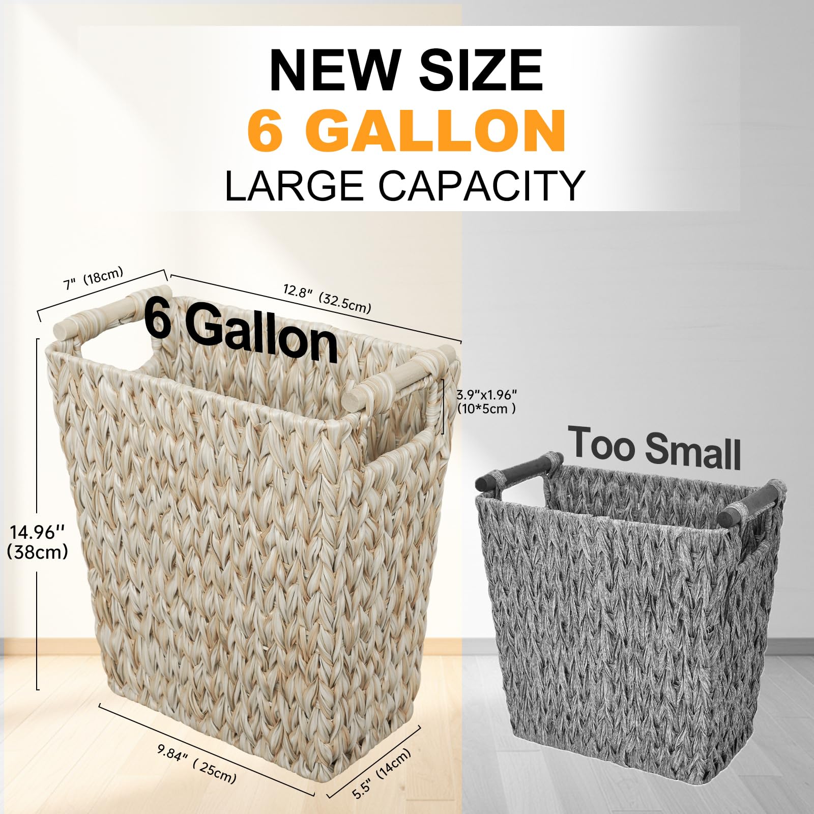 Coeusy Wicker Trash Can,6 Gallon Bathroom Trash Can,Waterproof Wicker Waste Basket for Bedroom,Decorative Bedroom Trash Can with Handle,Narrow Small Garbage Can for Office, Living Room,Cream White