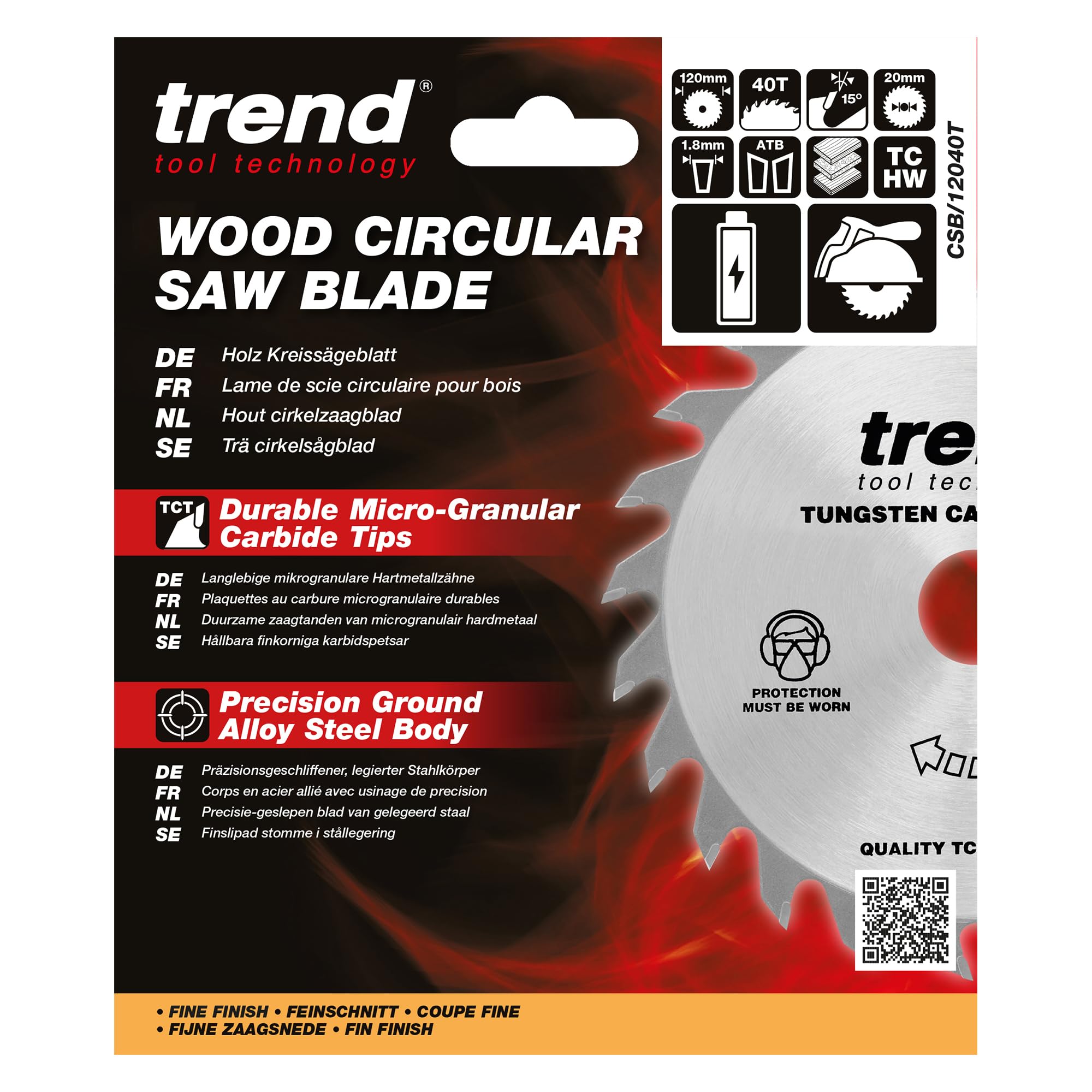 Trend Hoja sierra circular madera 120mm 20mm, 40T TCT | Dientes TCT finos para cortes transversales limpios en madera: 15° gancho, 1,8 mm de corte, CSB/12040T