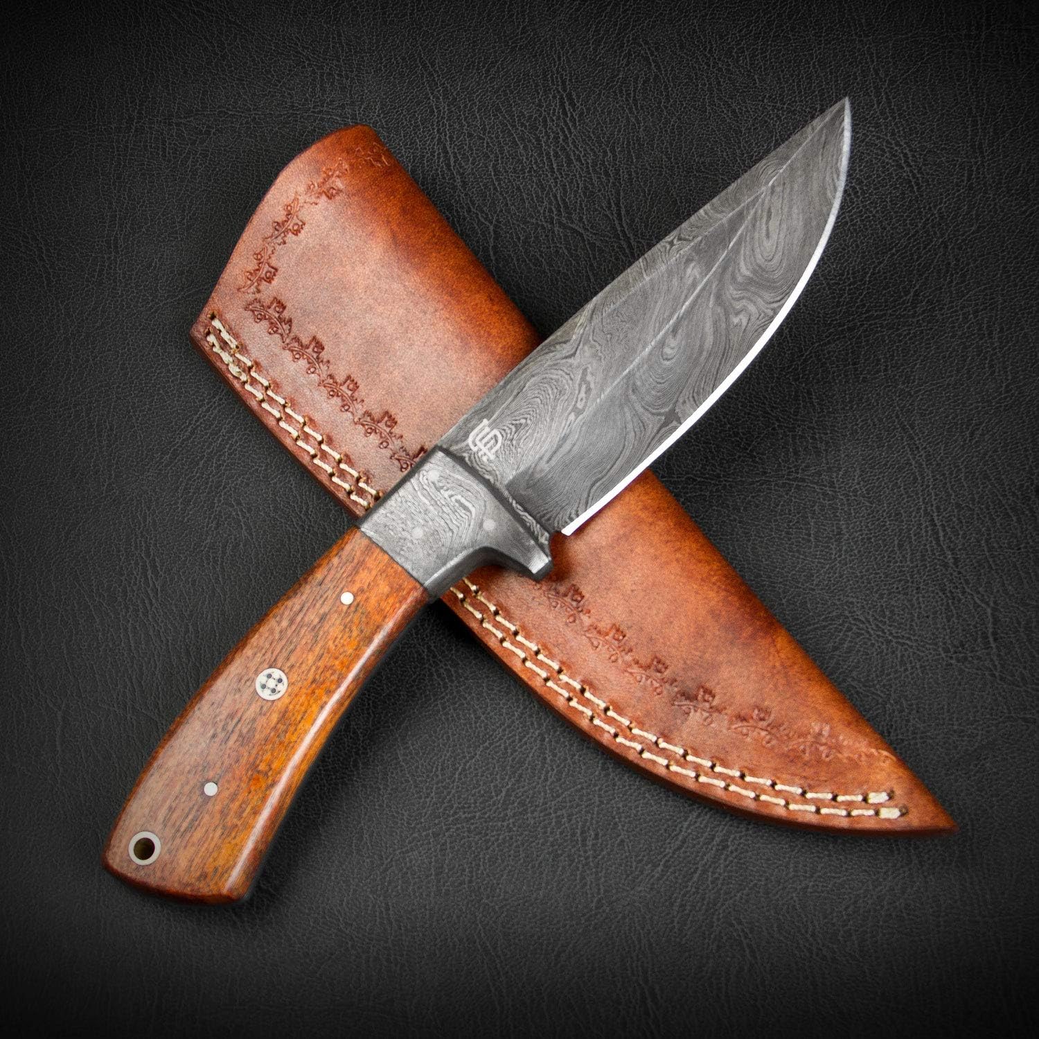 Forseti Steel Bolognesi Damascus Steel Hunting Knife – 9” Fixed Blade with Damascus Bolster, Rosewood Handle, and Signature Presentation Box