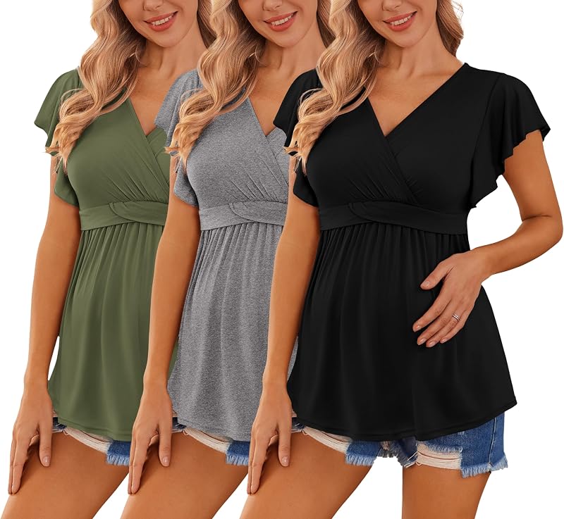Ekouaer Camisas de maternidad 3 paquetes de camisetas de lactancia ropa de embarazo
