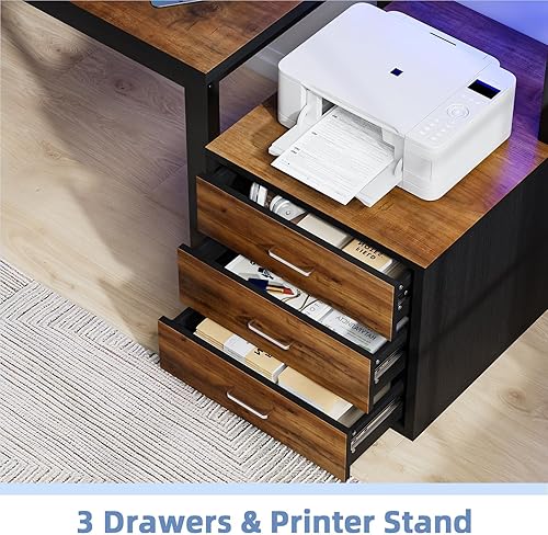 Miniatura 4 de Escritorio para computadora de 67 pulgadas con cajón y luces LED, escritorio de oficina en casa con estantes de almacenamiento, estación de trabajo