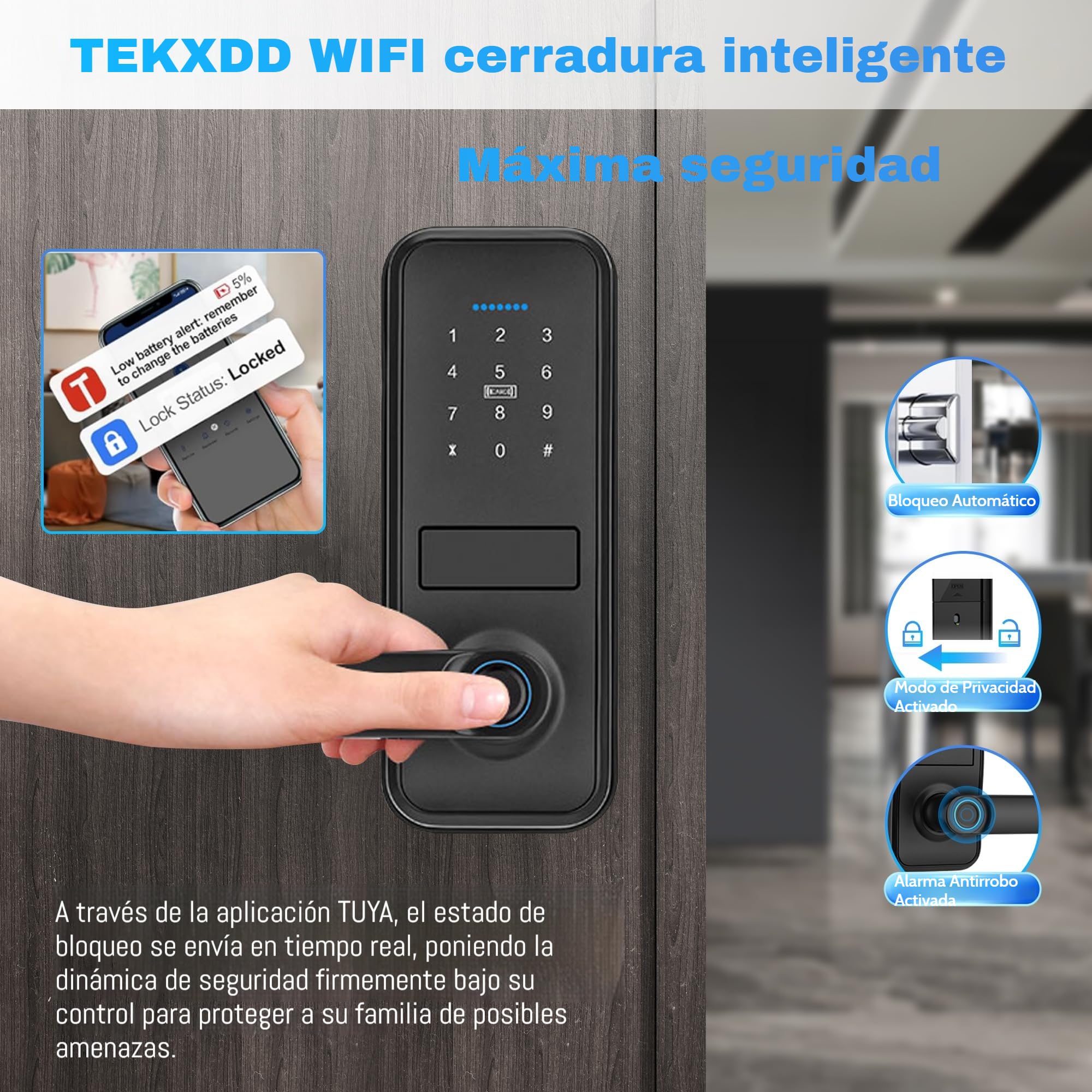Cerradura Inteligente WIFI - 7 en 1 Fechadura Inteligente, Tuya App, IC Card, NFC, Huellas Dactilares, Contraseña Digital, Llave Mecánica,Biometric Smart Door Lock, Bloqueo Automático
