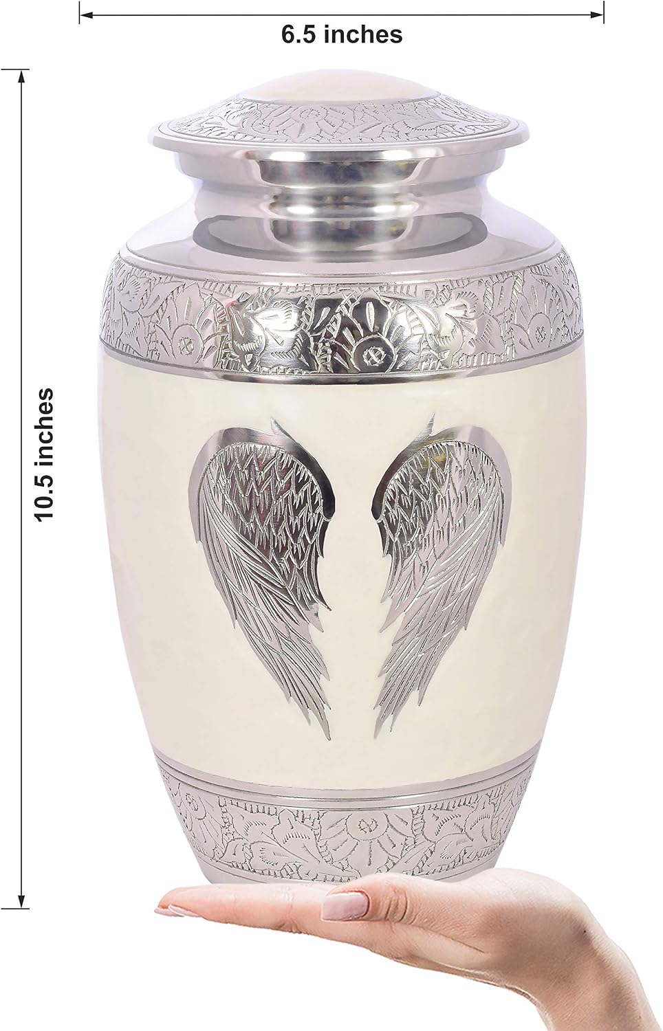 Cremation Urn for Human Ashes with Satin Bag, for Adults up to 200 lbs | Large Handcrafted Funeral Urns (White Angel Wings, Adult)