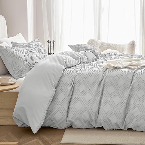 Miniatura 10 de JELLYMONI - Juego de funda de edredón de microfibra tamaño king color blanco brillante de 3 piezas, reversible, textura capitoné a rayas bohemias
