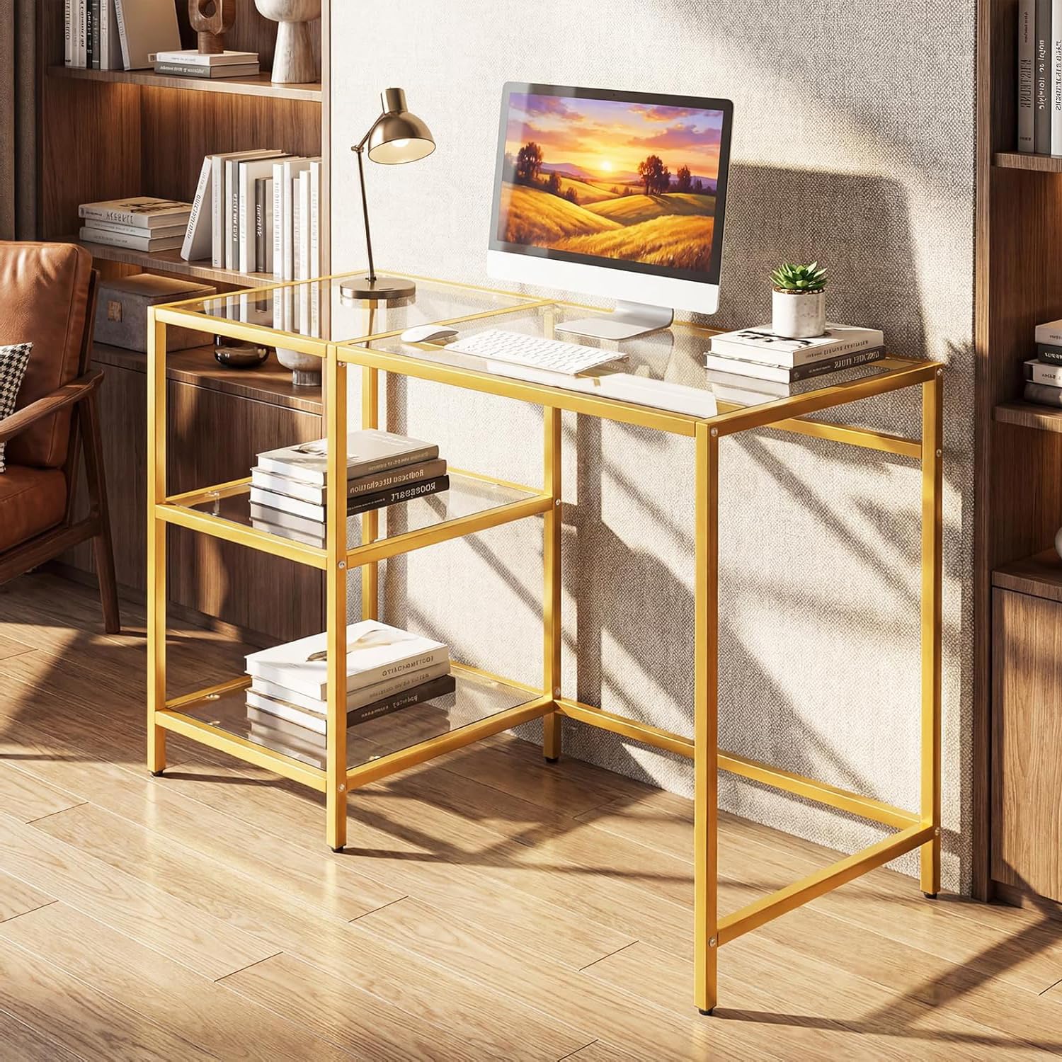 SOARS Scrivania in Vetro Temperato 106 x 51 x 77 cm, Oro | Tavolo PC Multifunzionale Salvaspazio con 2 Ripiani, Consolle Trucco Moderna per Camera da Letto, Studio, Ufficio e Soggiorno