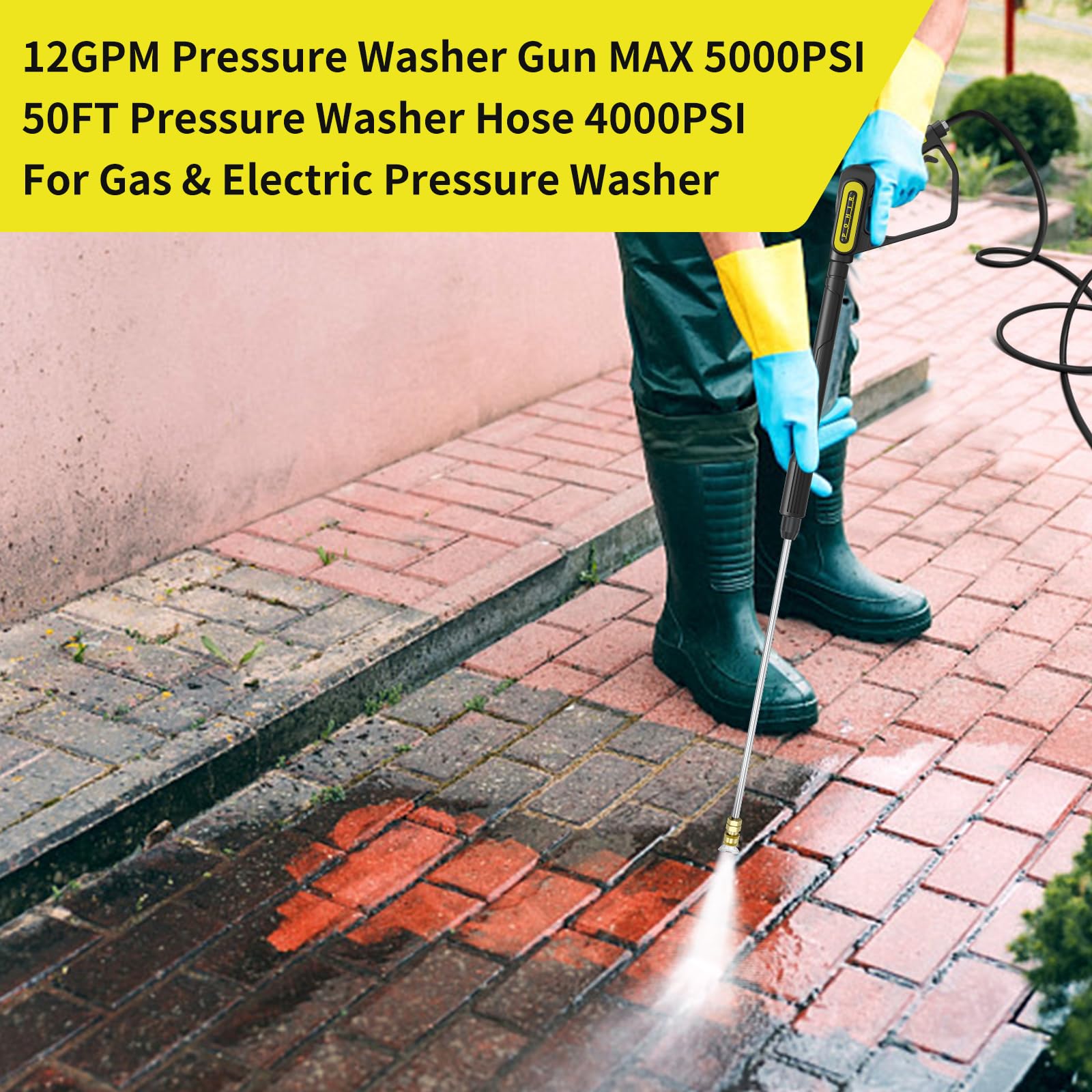 POHIR Pistola de lavado a presión de 5000 PSI y manguera de 50 pies, varita de extensión de 40 pulgadas de longitud ajustable, kit con enchufe giratorio de 3/8 pulgadas y ajuste M22-14/15 mm y 5