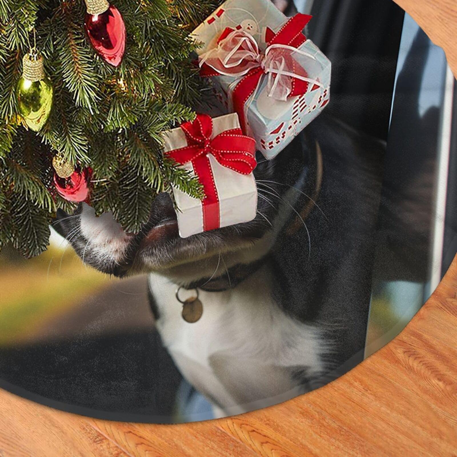 Fodpand Black Puppy Dog Boston Terrier Christmas Tree Skirt 36" Velvet Xmas Tree Skirt Mat Rustic Christmas Tree Mat Cover Winter Xmas Tree Collar For Indoor Outdoor Christmas Decorations
