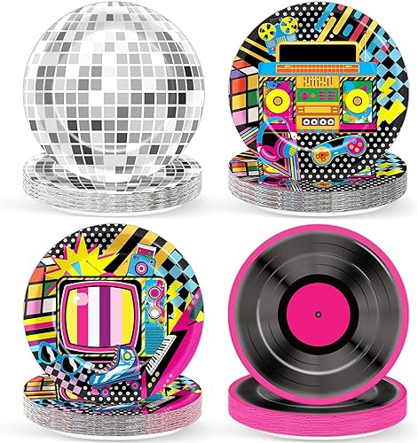 48 platos coloridos de papel de fiesta de los años 80 y 90, 7 pulgadas, regreso a los 90, 80, suministros de cumpleaños de hip hop, música retro,