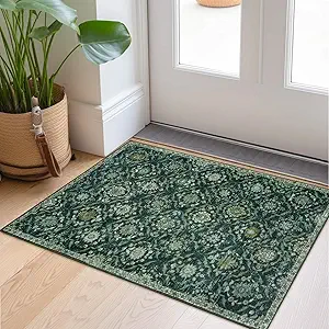 KILOCOCO 2x3 Small Area Rug, Moroccan Super Soft Entryway Rugs Indoor Vintage Washable Rug Non-Slip Indoor Door Mat, Accent Print Faux Wool Throw Rug for Kitchen Bedroom Entrance, Dark Green