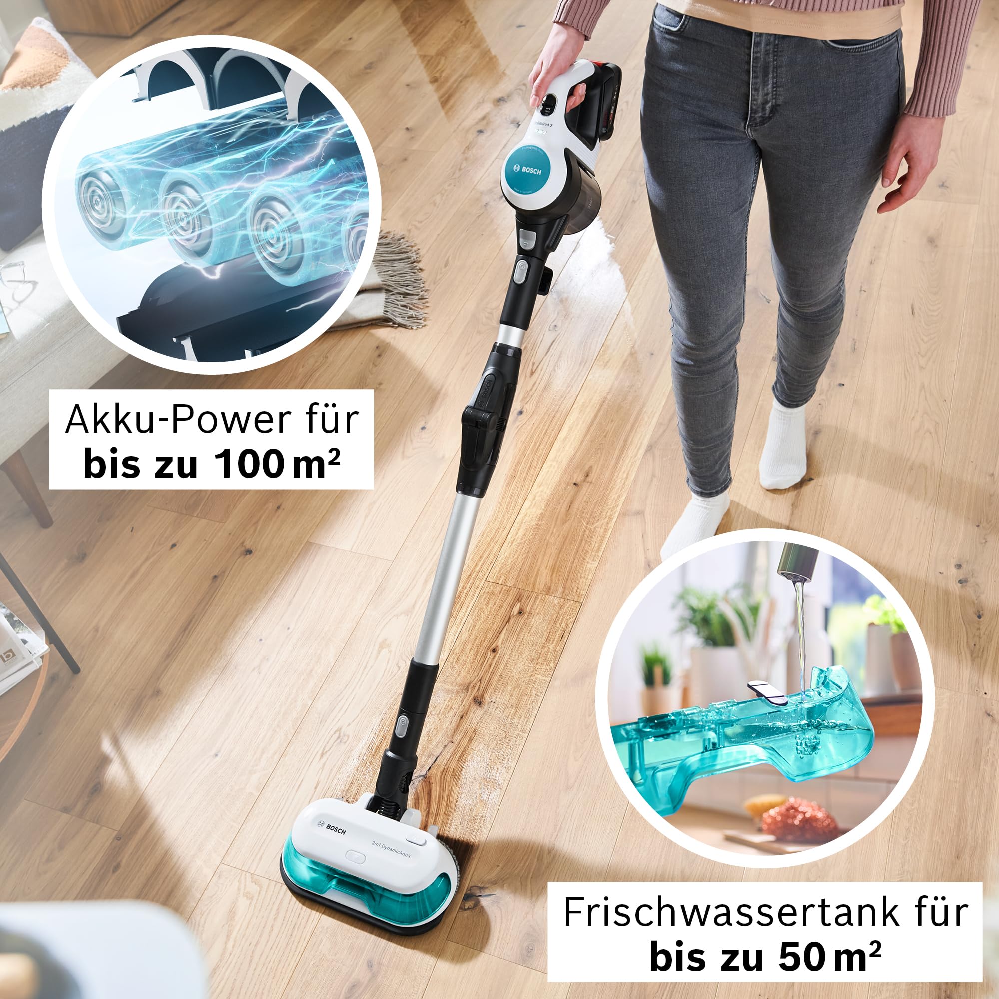 Bosch Akku-Staubsauger Unlimited 7 ProHygienic Aqua BKS71HYG4, kabellos, 2in1 Saugen & Wischen, Knickrohr, HEPA-Filtersystem, 10 J. Motorgarantie, Wechselakku, Mini-Turbo-Düse, Made in Germany, weiß