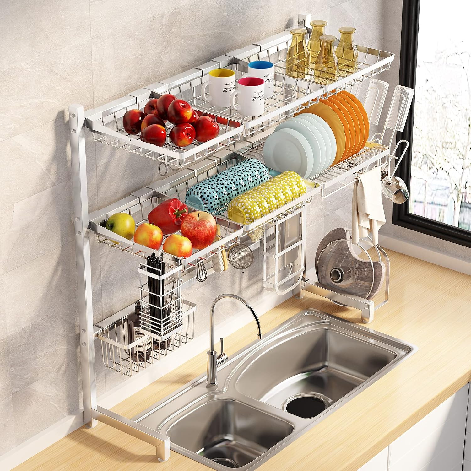 1Easylife Over The Sink Dish Drying Rack 3 Tier Stainless Steel Large Kitchen Rack Dish Drainers for Home Kitchen Counter Storage, Shelf with Utensil Holder, Above Sink Shelves